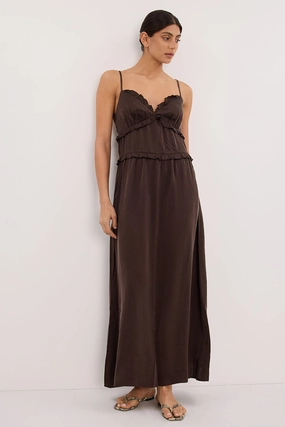 LENA BITTER CHOC SILK SLEEVELESS MAXI DRESS Polished Finish Sculpted Detail
