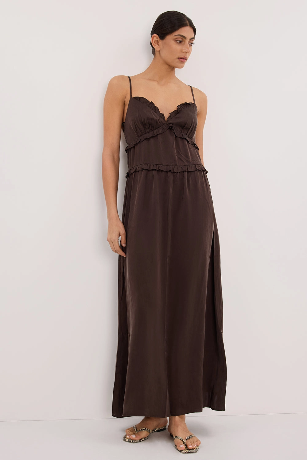 LENA BITTER CHOC SILK SLEEVELESS MAXI DRESS Outdoor Ready Soft Drape