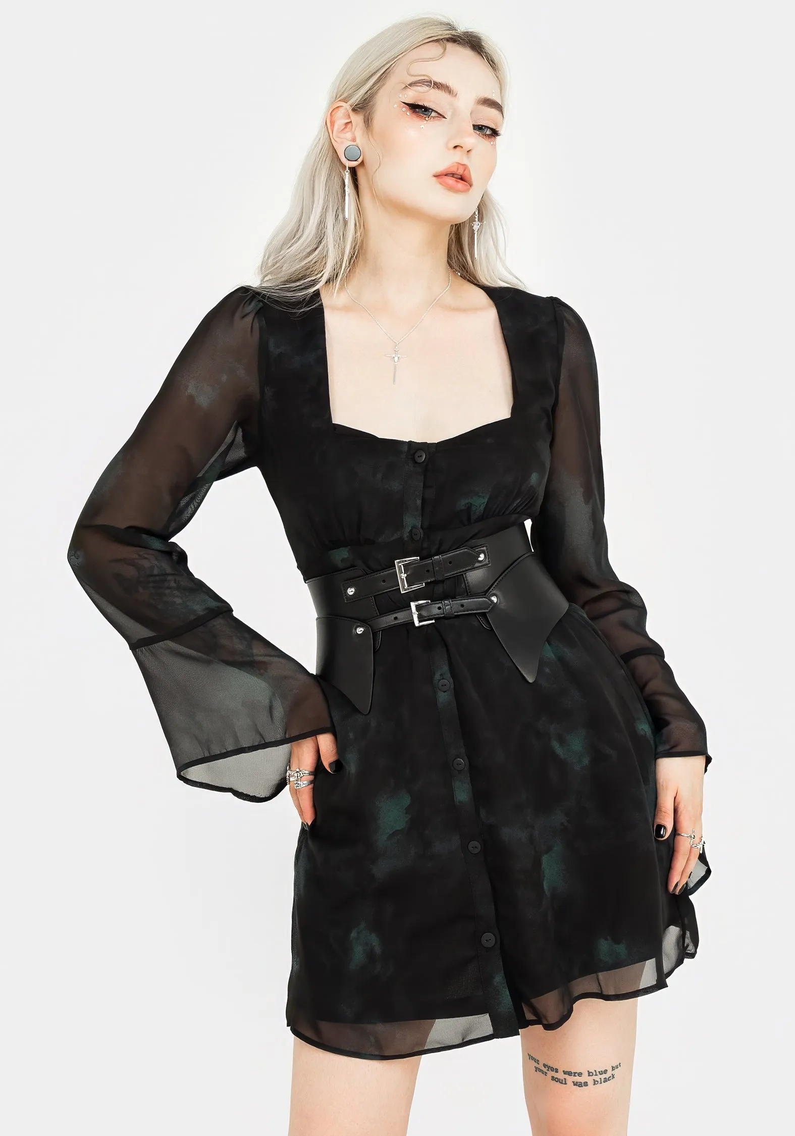 Lichen Bell Sleeve Chiffon Mini Dress Light Finish Modern Lines