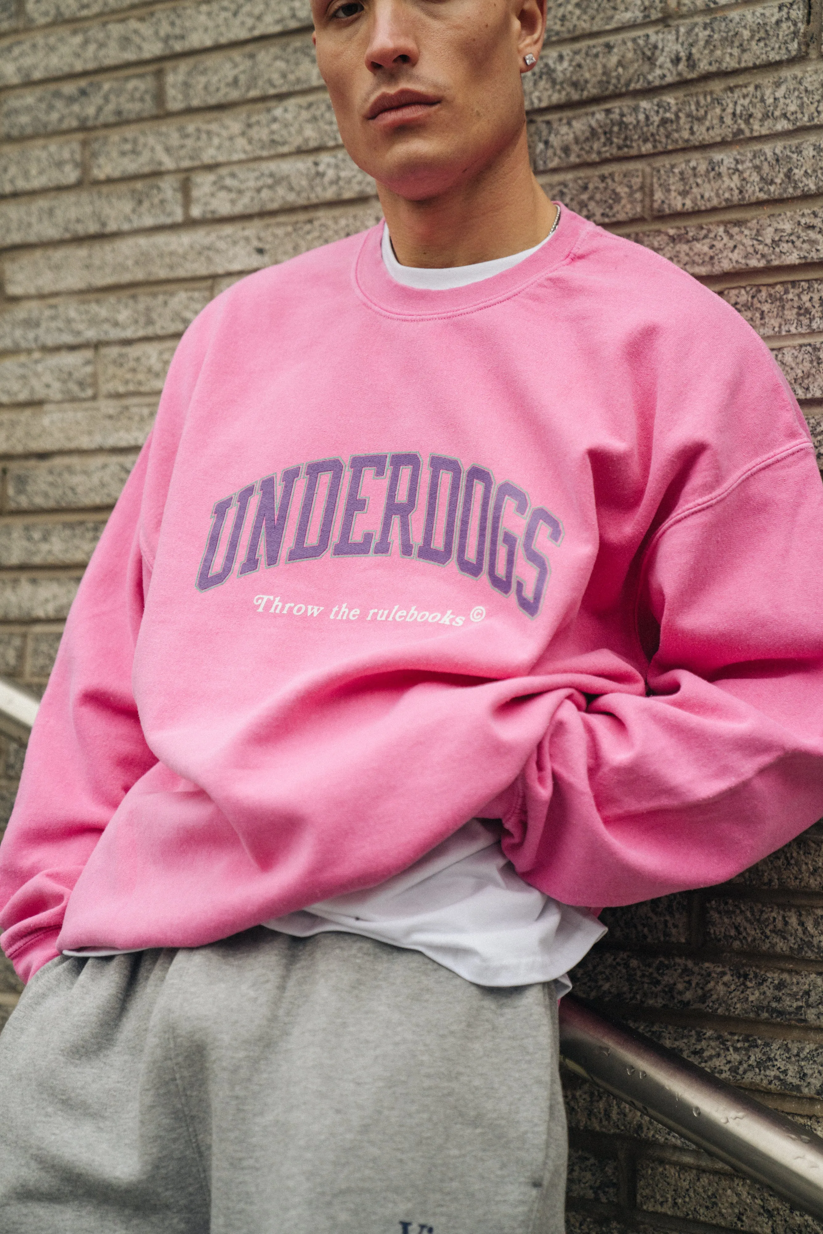 Premium Comfort Casual Chic Knit Vice 84 'Underdogs' Vintage Washed Sweater - Pink