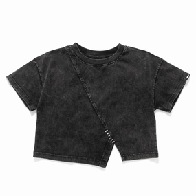 (TP1598) Washed Cropped Split Tee Classic Style Trend