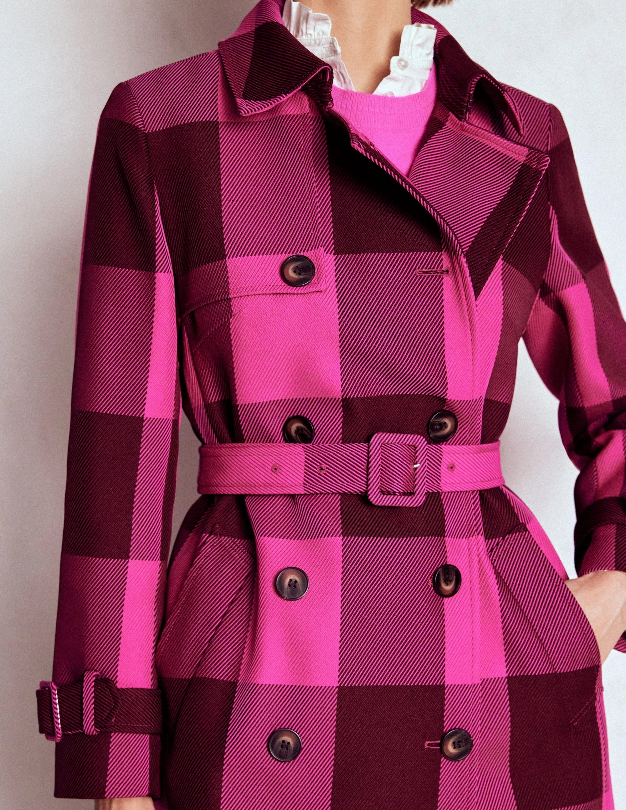 Cheltenham Trench Coat-Pink Peony, Chestnut Gingham Articulated Knees