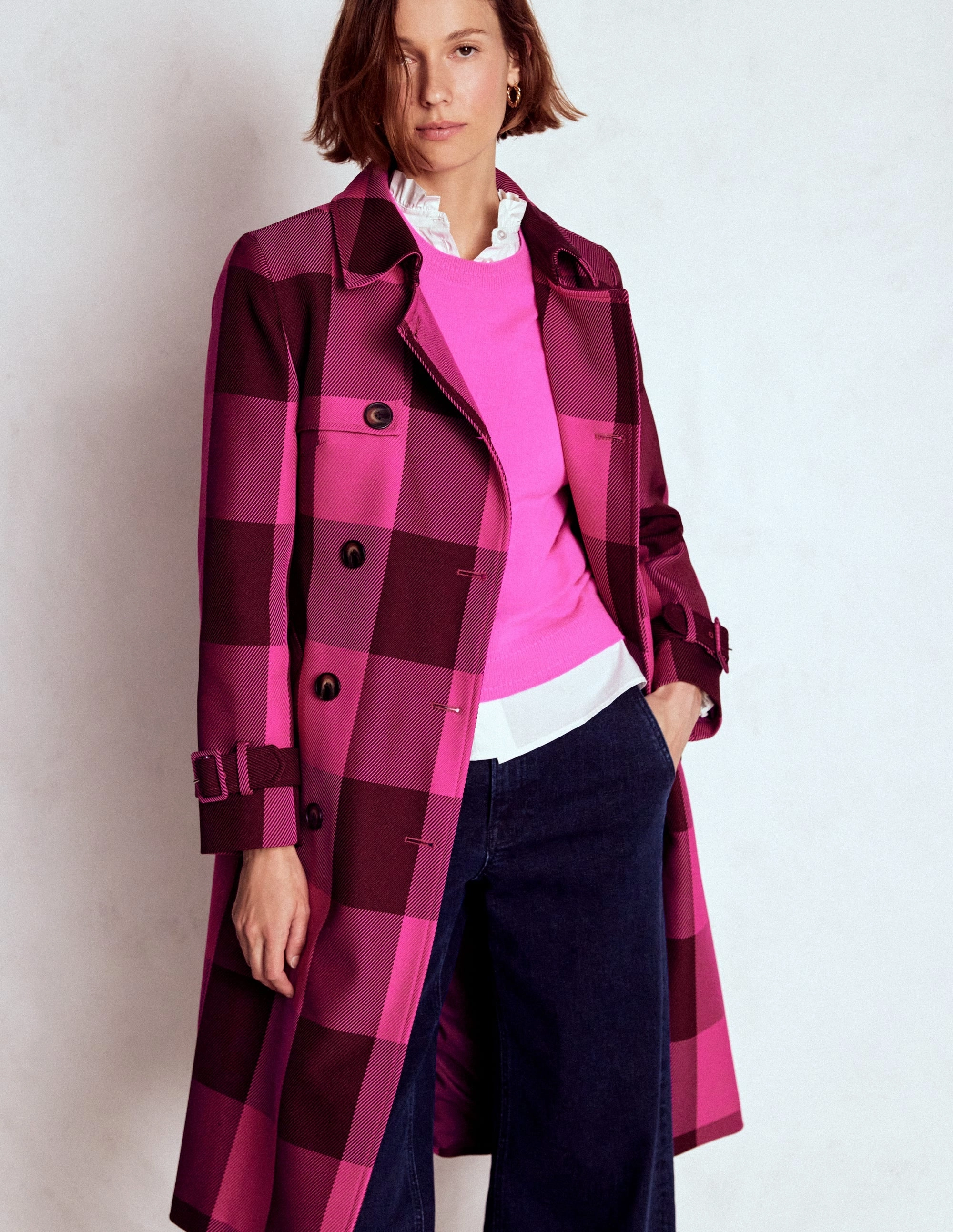 Crisp Detail Packable Style Cheltenham Trench Coat-Pink Peony, Chestnut Gingham
