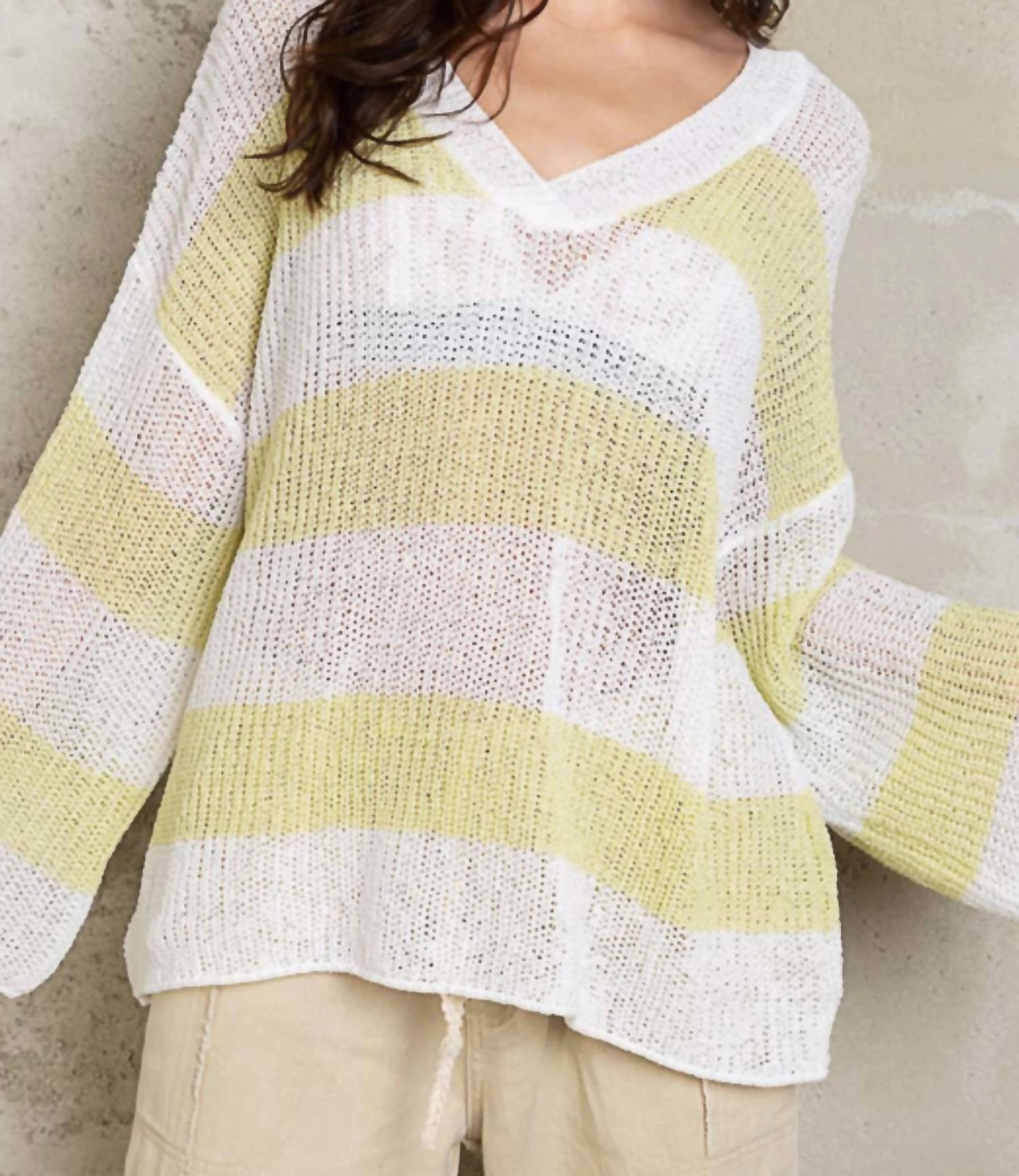 Evelyn Open-Knit Top In White/yellow Snug Knit