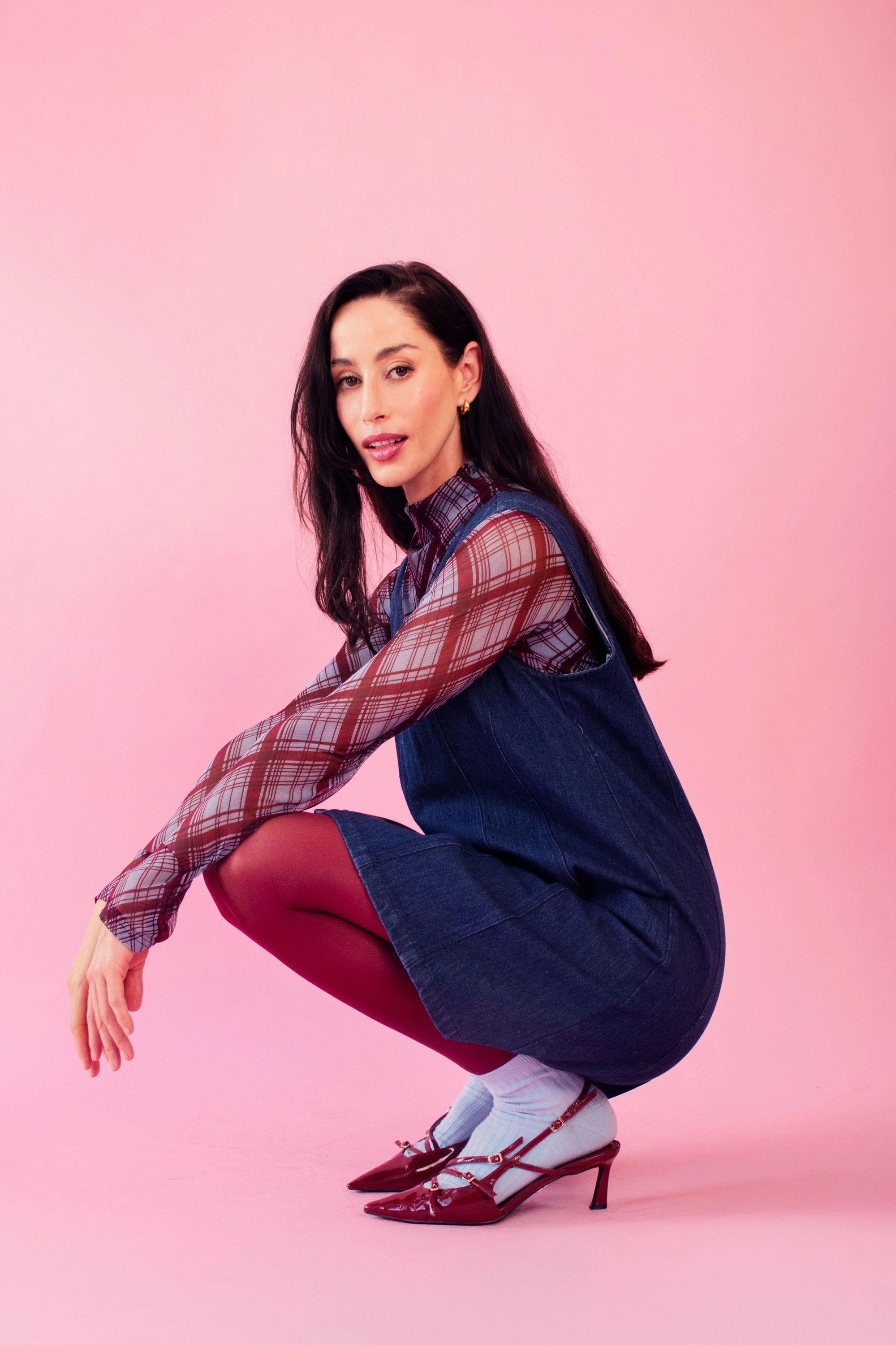 Stretch Fit Top Lined Mesh Top in Diagonal Check