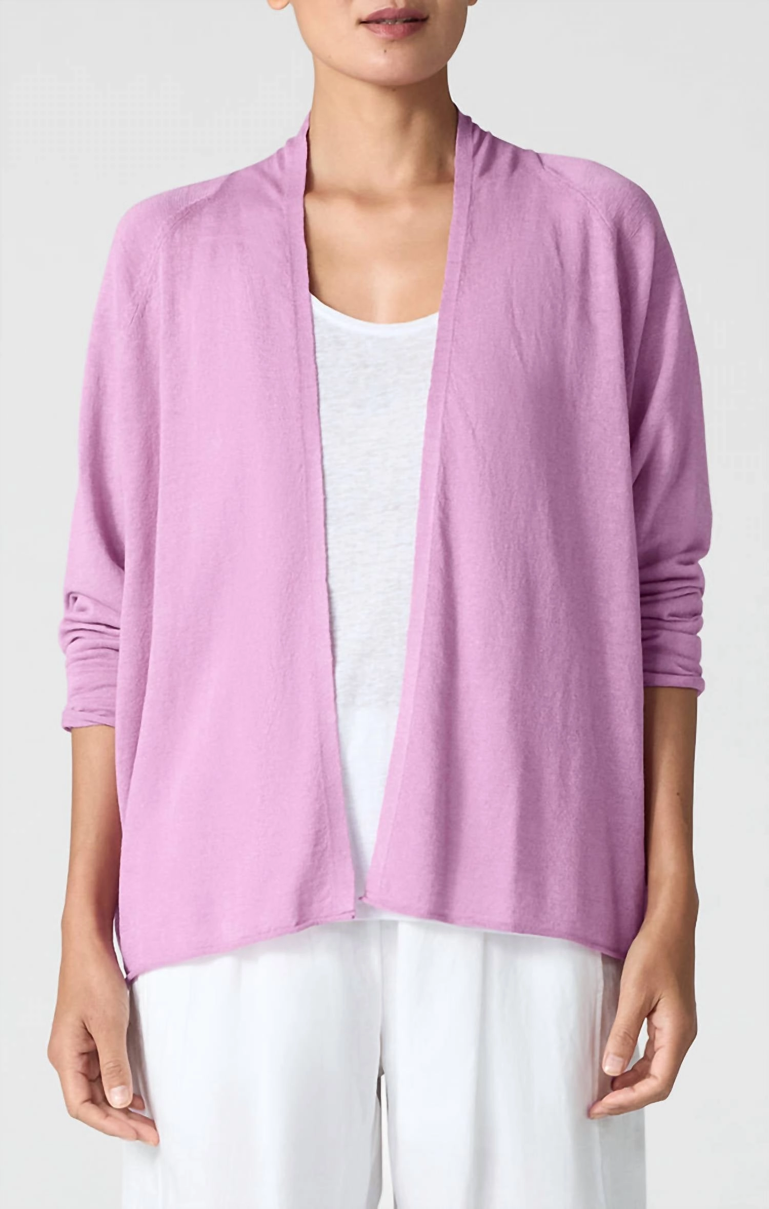 Linen Cotton High Collar Cardigan In French Lilac Garment Dyed Finish Anti Pilling