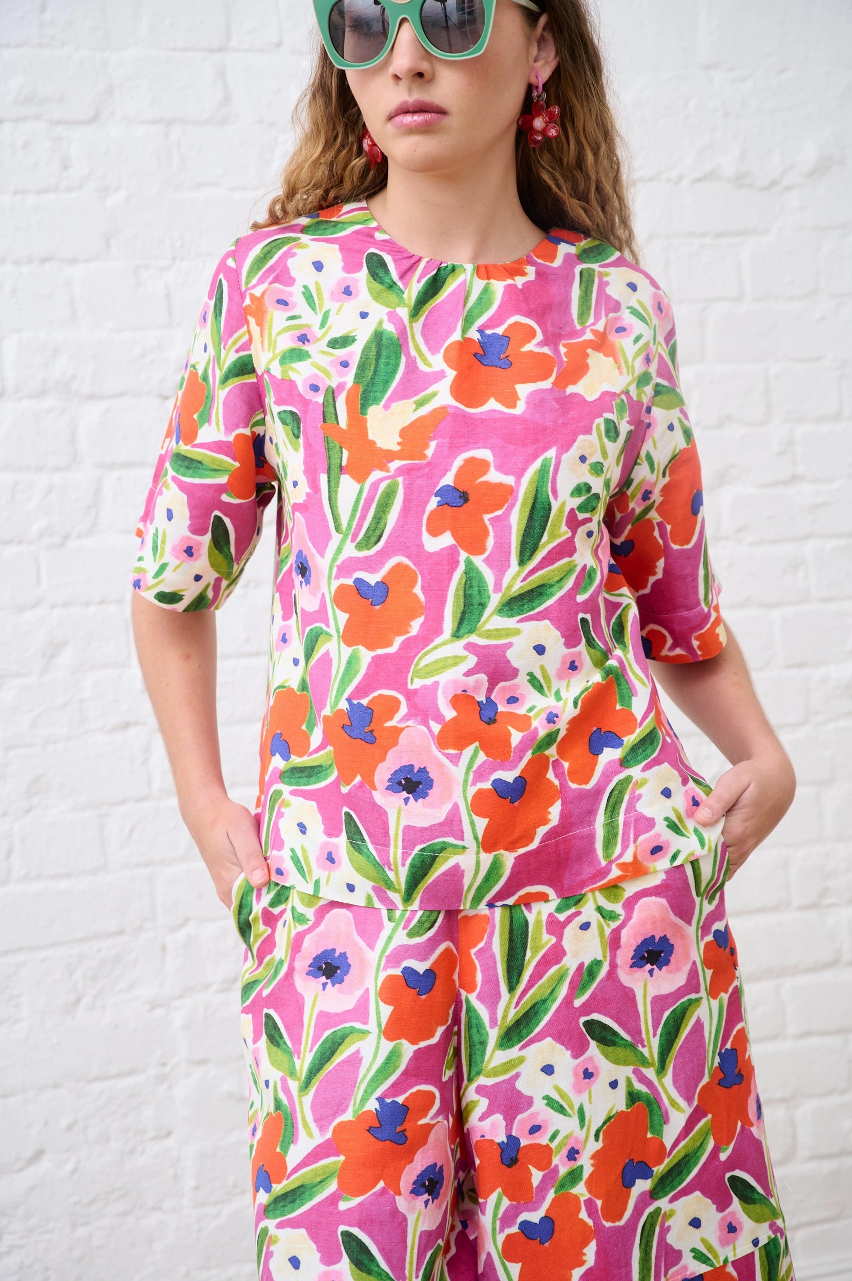 Hydrophobic Threadwork Linen T-Shirt in Watercolour Floral