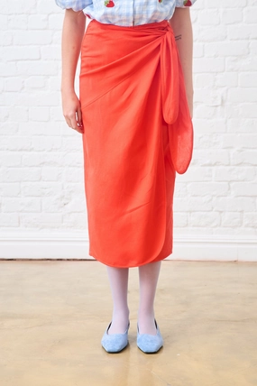 Floral Pattern Neutral Wear Linen Wrap Skirt in Coral