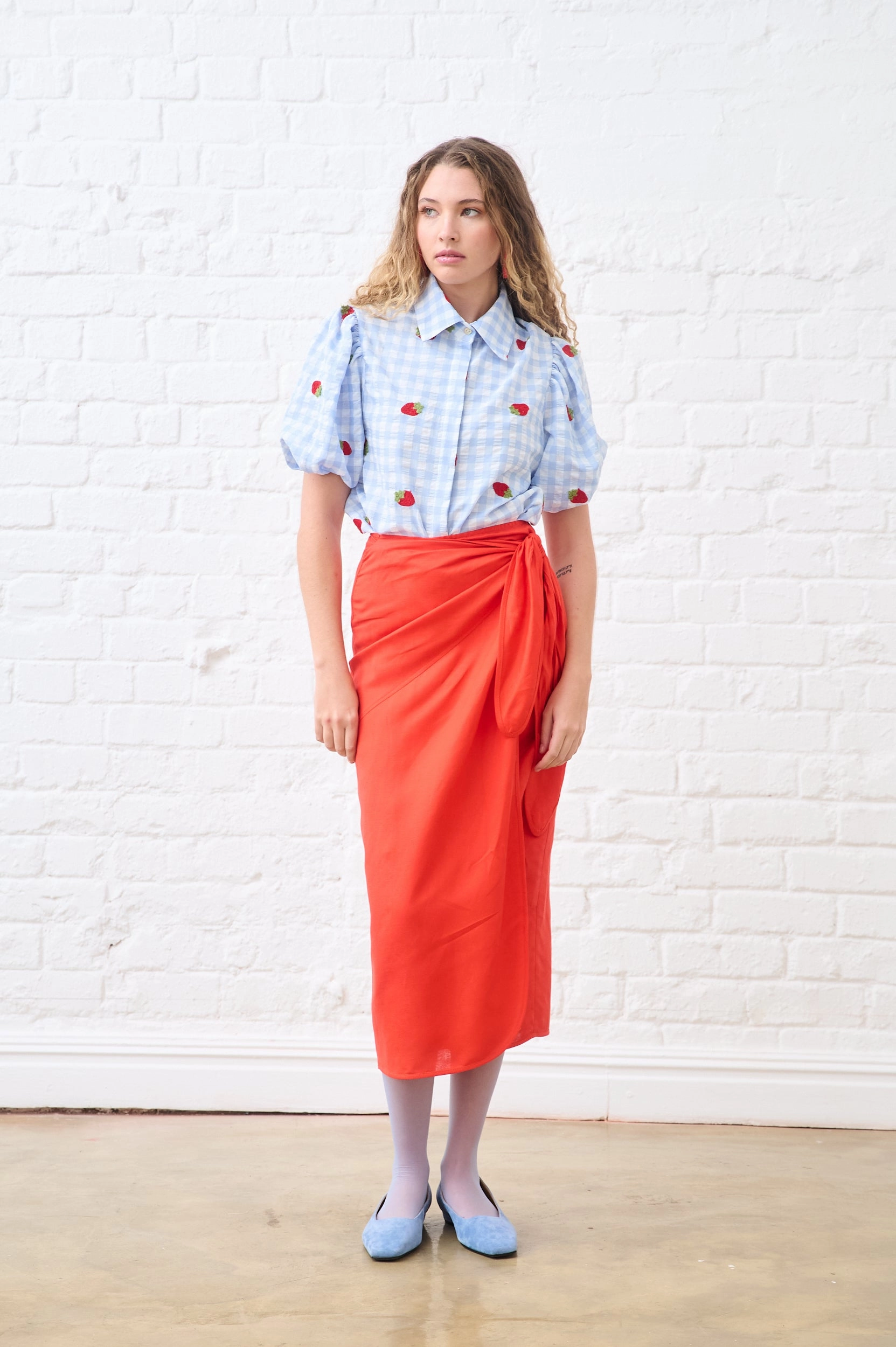 Foil Print Linen Wrap Skirt in Coral