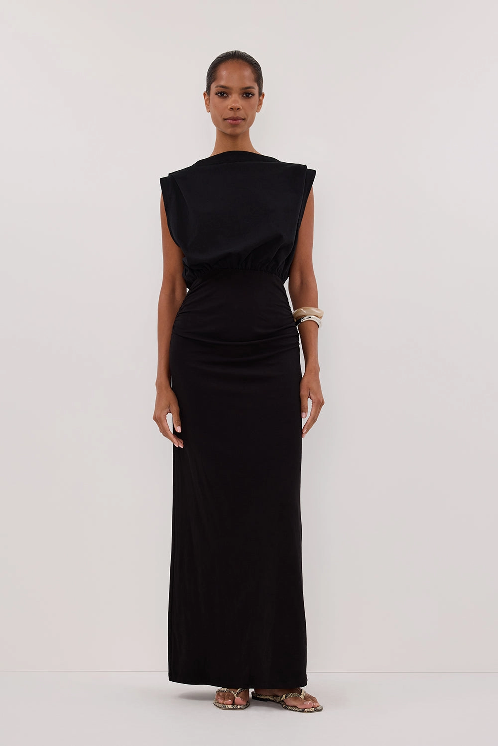 Edgy-Look Formal Setting LIORA BLACK SLEEVELESS MAXI DRESS