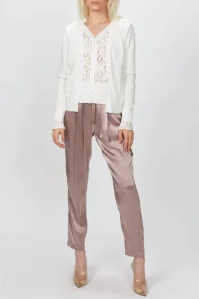 Elegant Comfort Ethical Production Knitwear Lace Paneled Cardigan In Ivory