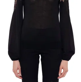 Long Sleeve Knit With Lace Detail Round Neck Jumper In Black Stylish Everyday Wear Non Restrictive Armhole