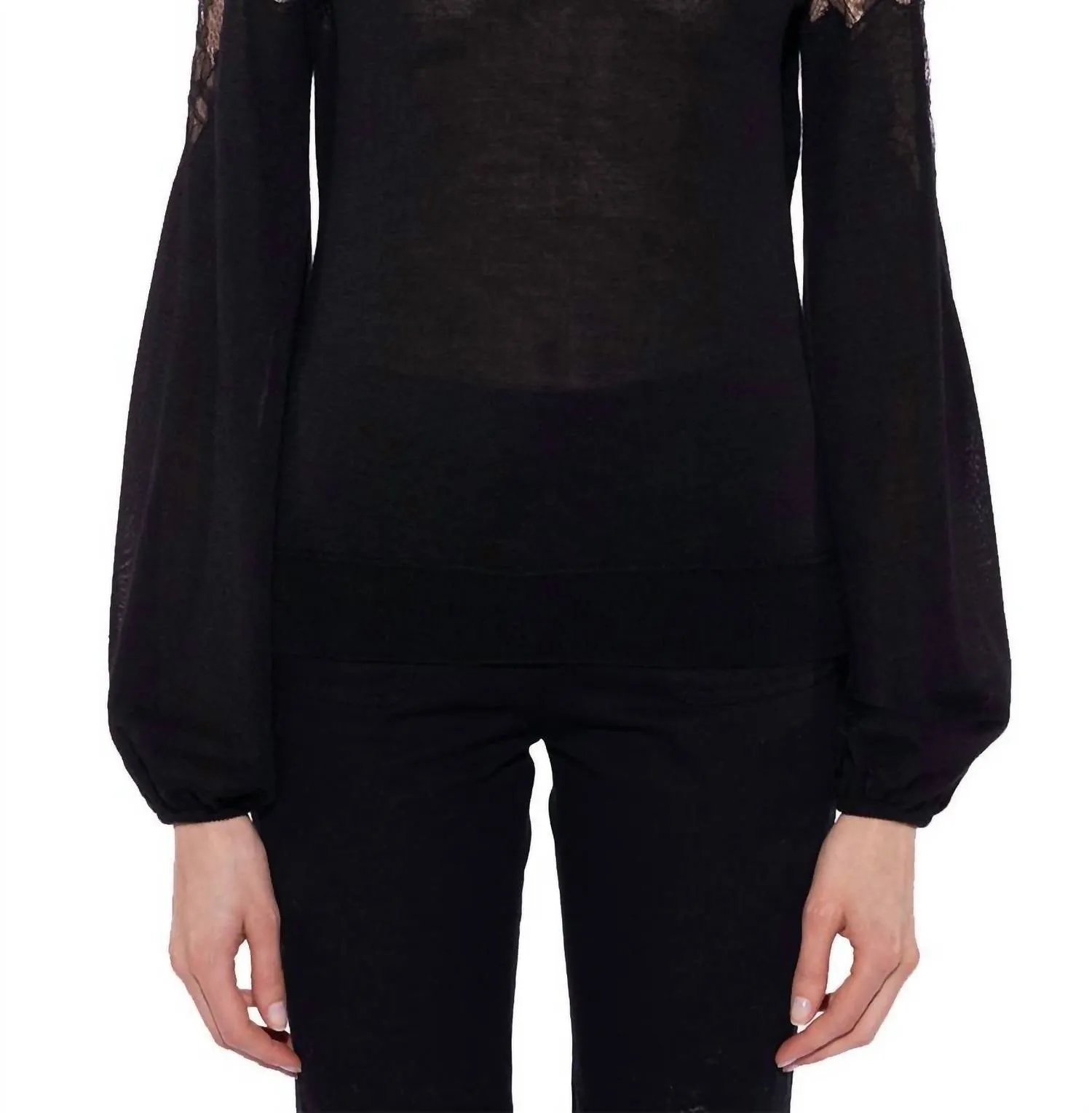 Long Sleeve Knit With Lace Detail Round Neck Jumper In Black Stylish Everyday Wear Non Restrictive Armhole