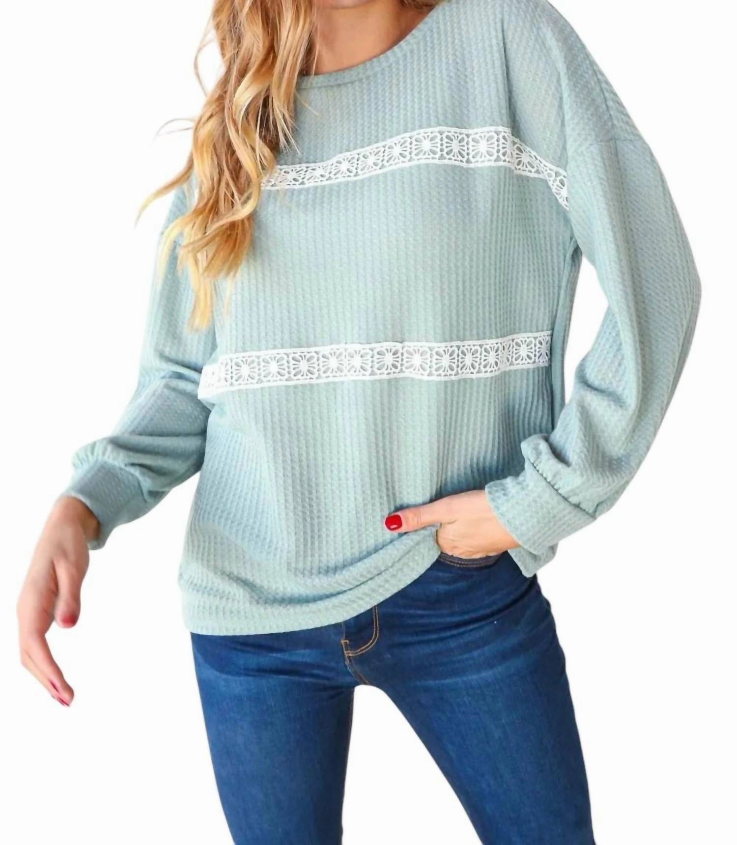 Long Sleeve With White Crochet Sweater In Sage Flatlock stitching