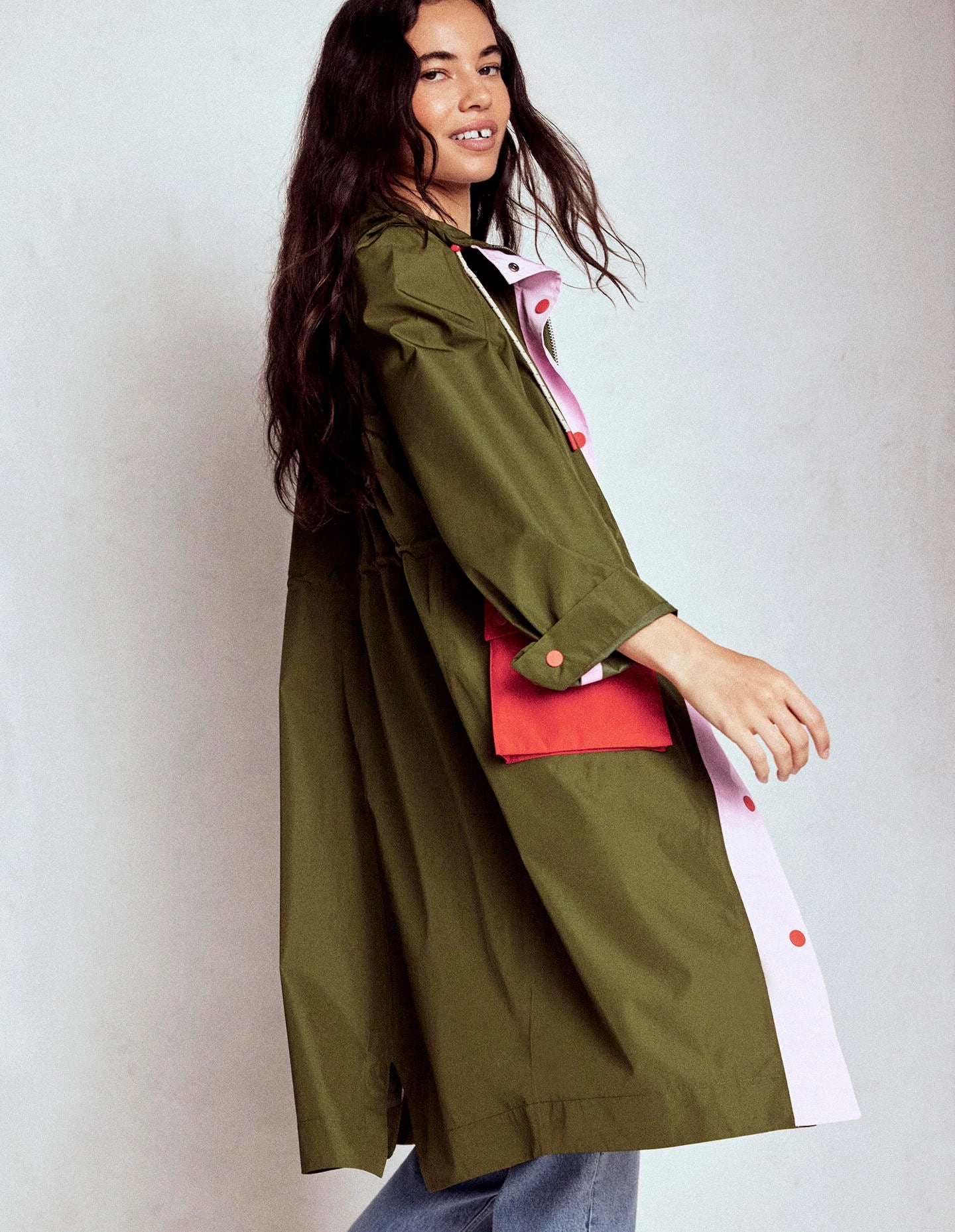 Longline Rain Mac-Khaki Colourblock Thermo Regulating Fabric