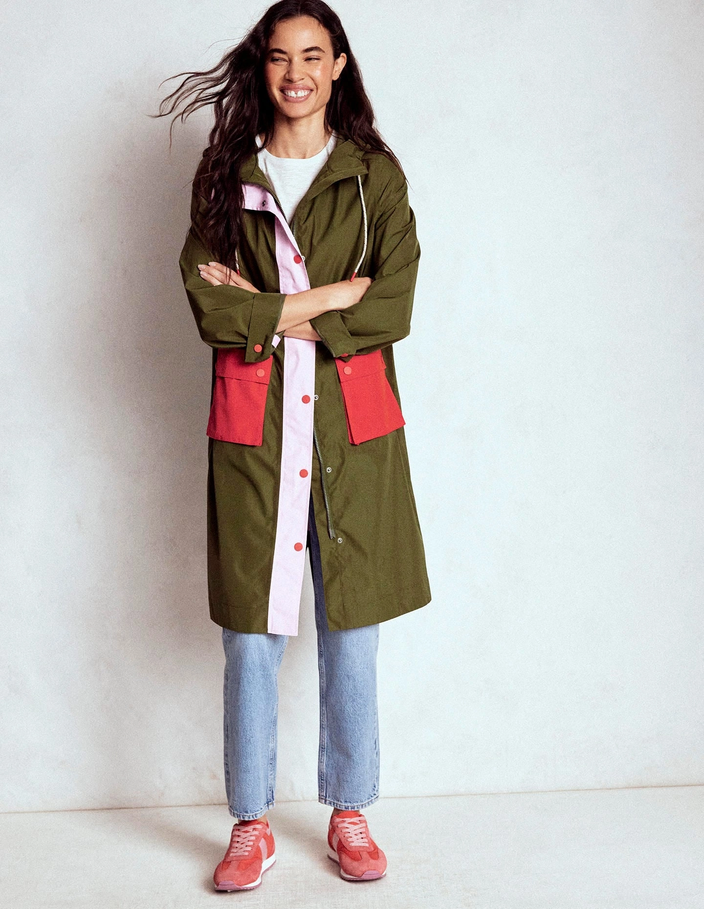 Water Repellent Fabric Everyday Look Longline Rain Mac-Khaki Colourblock