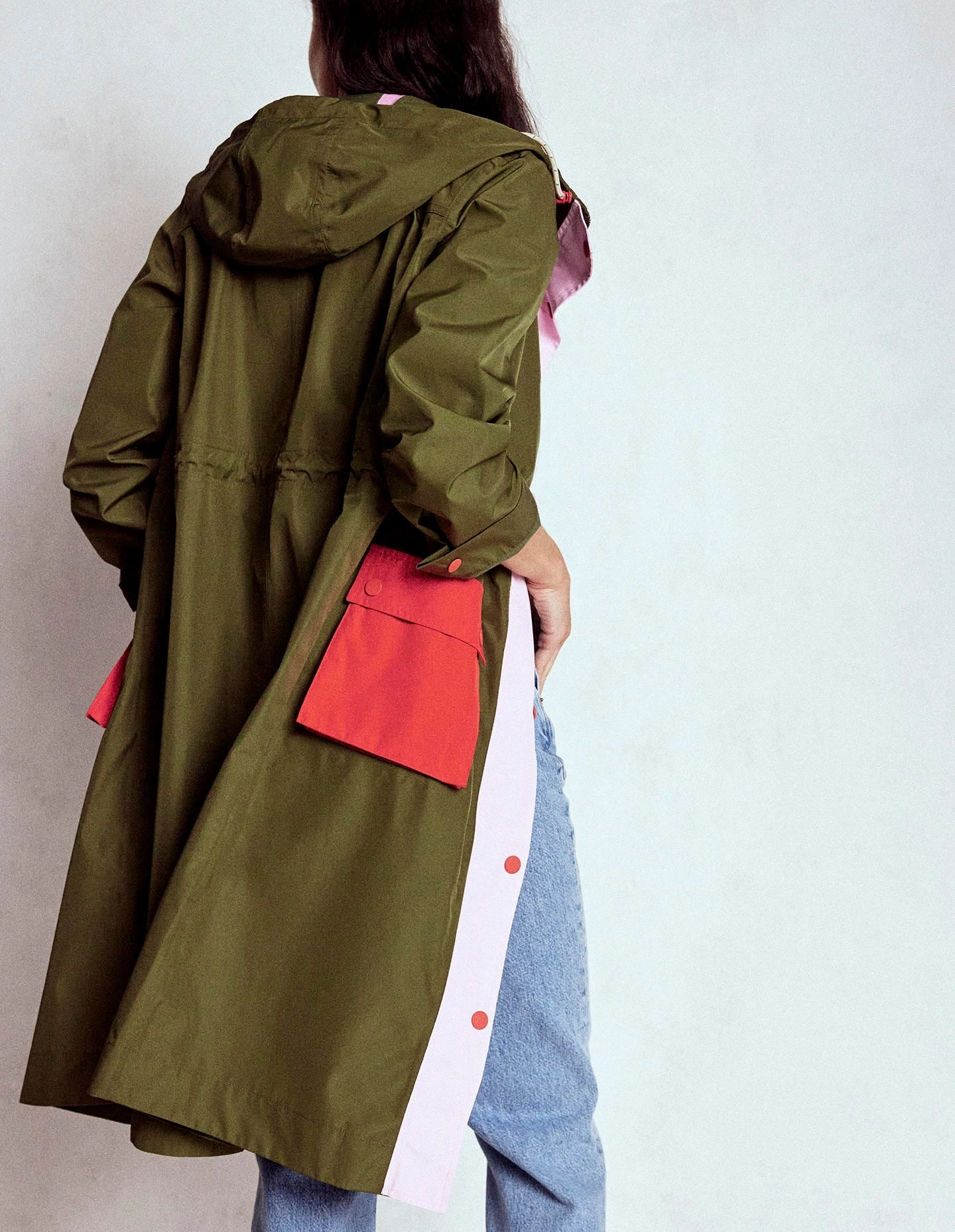 Fleece Lined Moisture wicking Longline Rain Mac-Khaki Colourblock