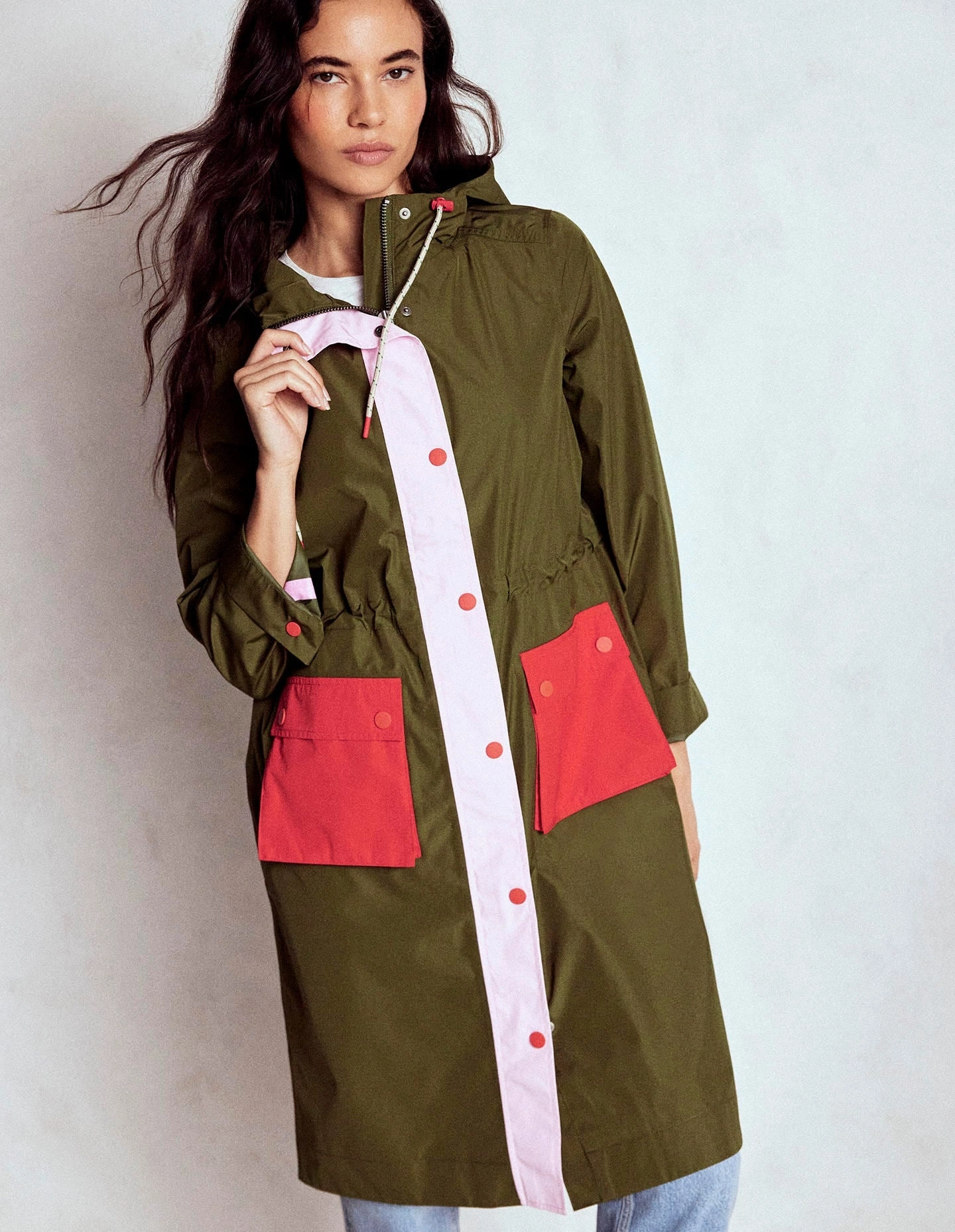 Hypoallergenic Fibers Longline Rain Mac-Khaki Colourblock