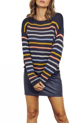 Knitted Warmth Soft Knit Piece Round Neck Striped Sweater In Navy Multi