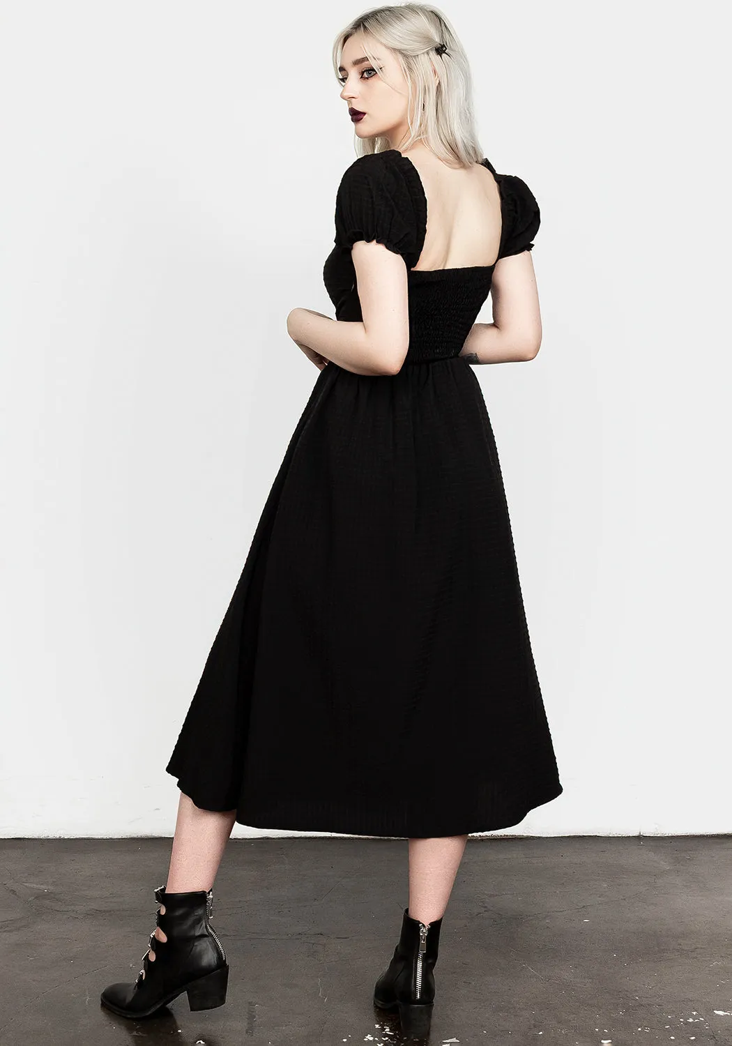 Workwear Dual Tones Mortem Midi Dress With Puff Sleeves