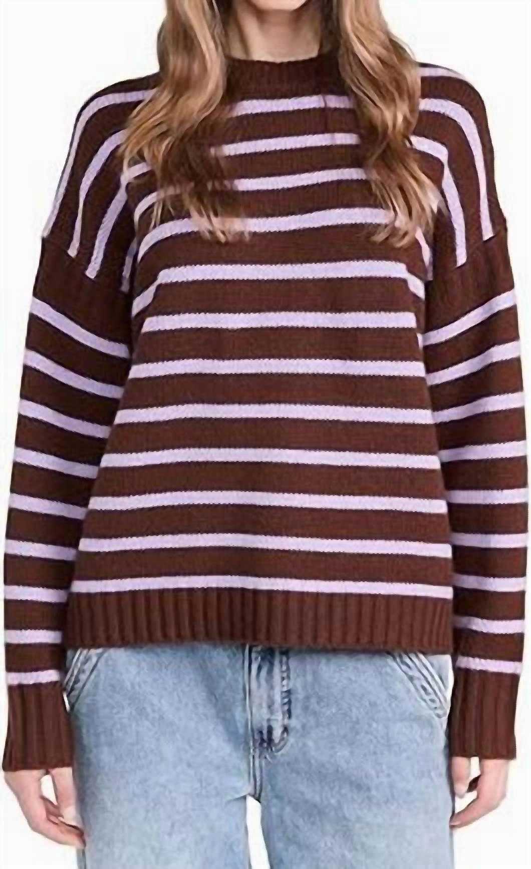 Stylish Apparel Women's Cashmere Blend Striped Crewneck In Umber/iris