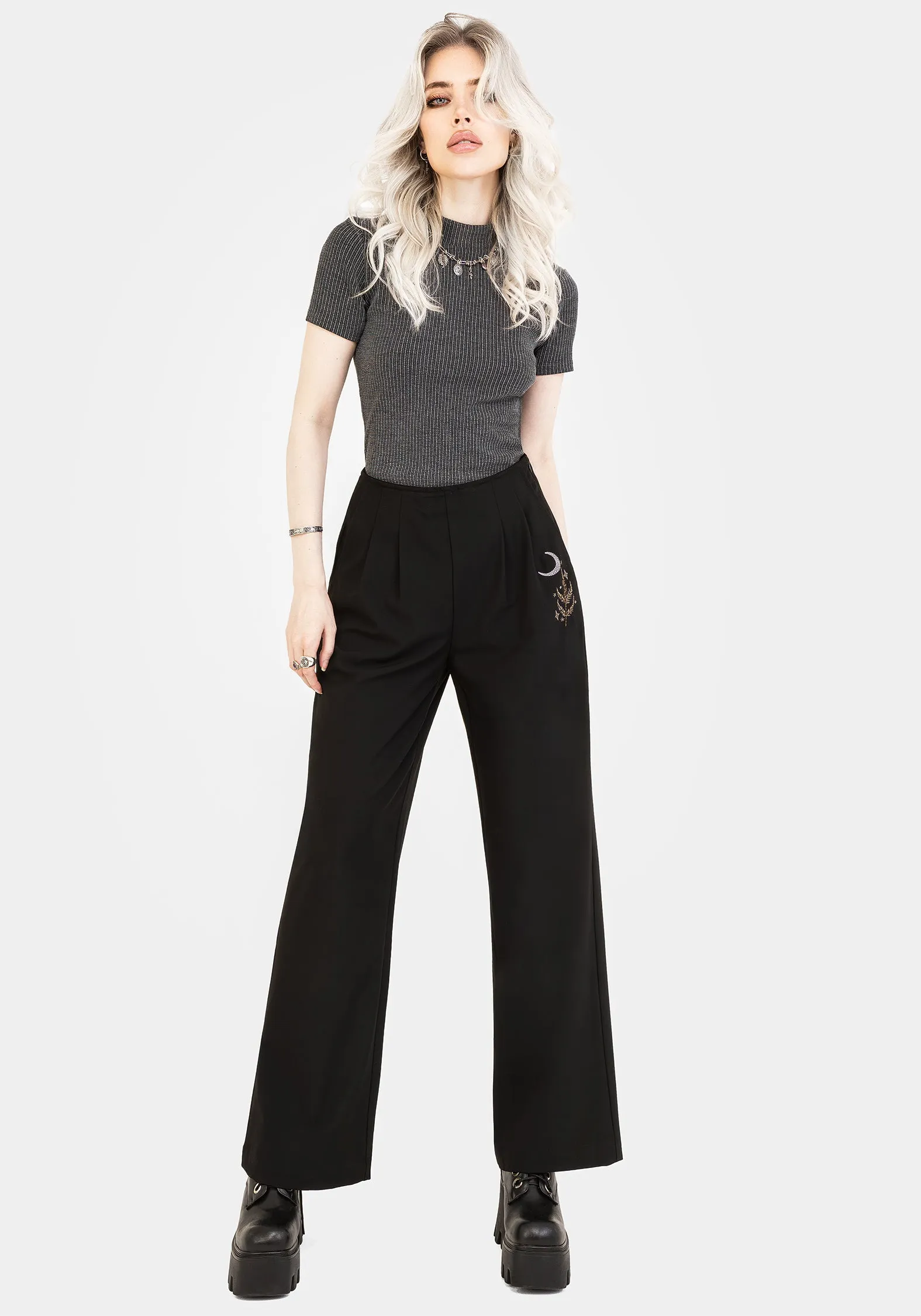 Lucia Firefly Embroidered Pleated Trousers LowProfileWaistband Adjustable drawstring