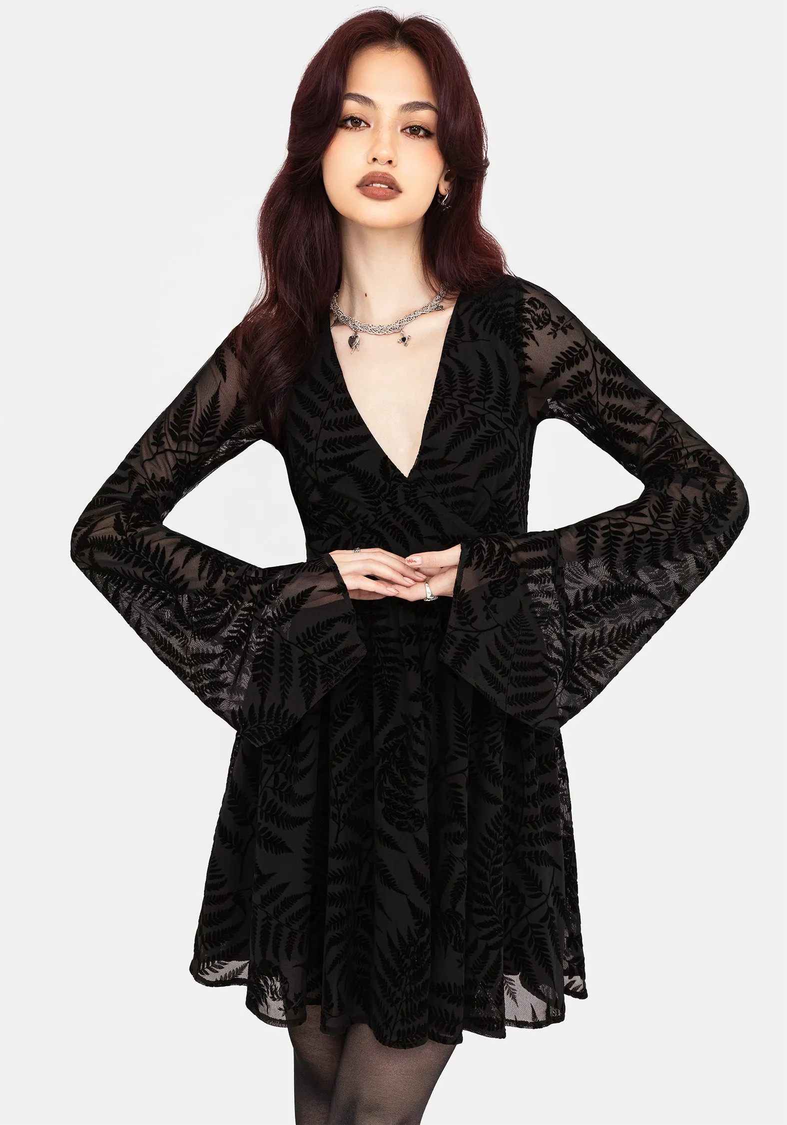 Lunafern Fern Leaf Flocked Mesh Flute Sleeve Mini Dress soft look LayeredHemline