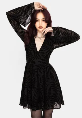 Lower Hem Grab Now Lunafern Fern Leaf Flocked Mesh Flute Sleeve Mini Dress