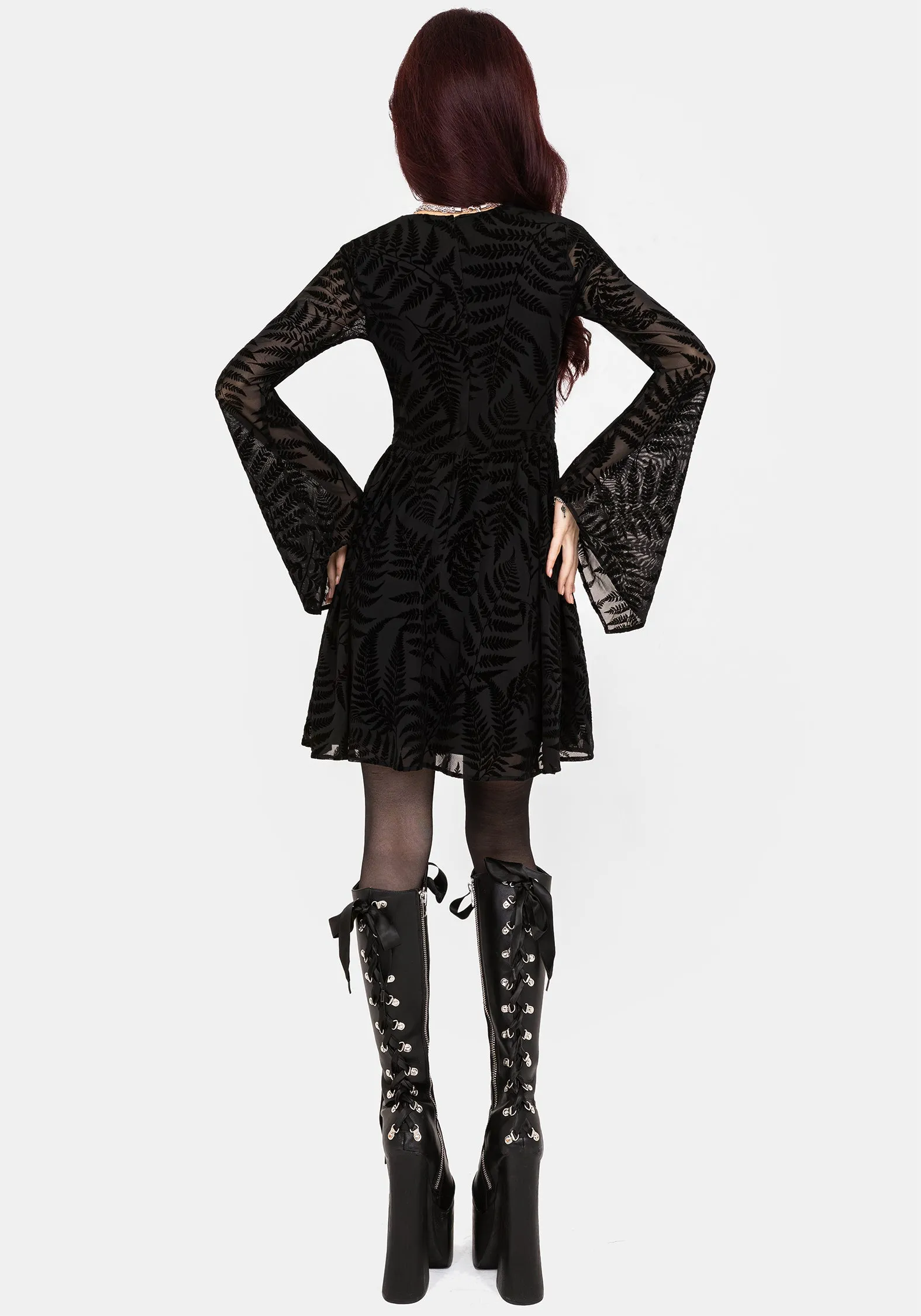 Quilted-Texture Lunafern Fern Leaf Flocked Mesh Flute Sleeve Mini Dress