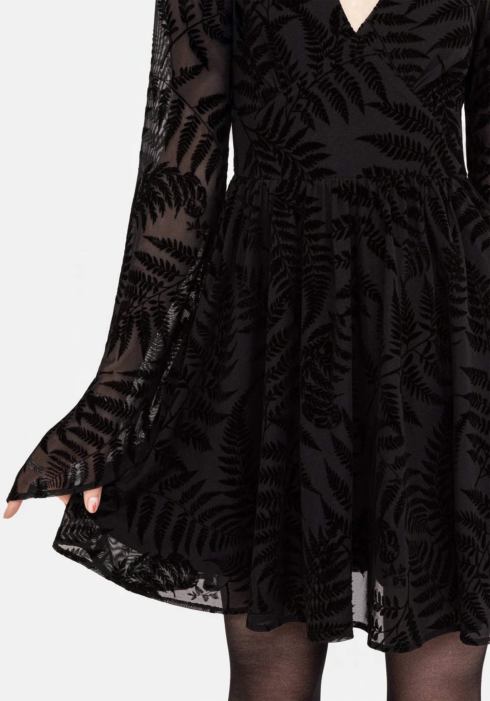 Lunafern Fern Leaf Flocked Mesh Flute Sleeve Mini Dress Chic Everyday Wear