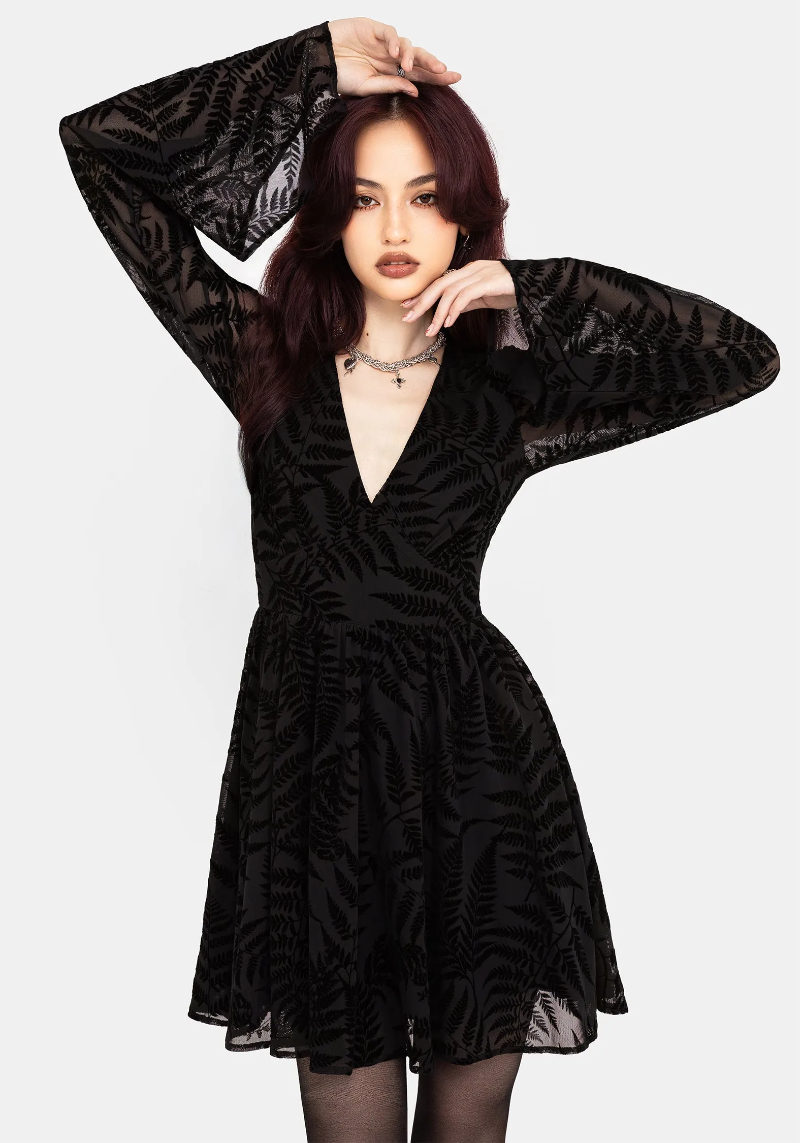Lower Hem Grab Now Lunafern Fern Leaf Flocked Mesh Flute Sleeve Mini Dress