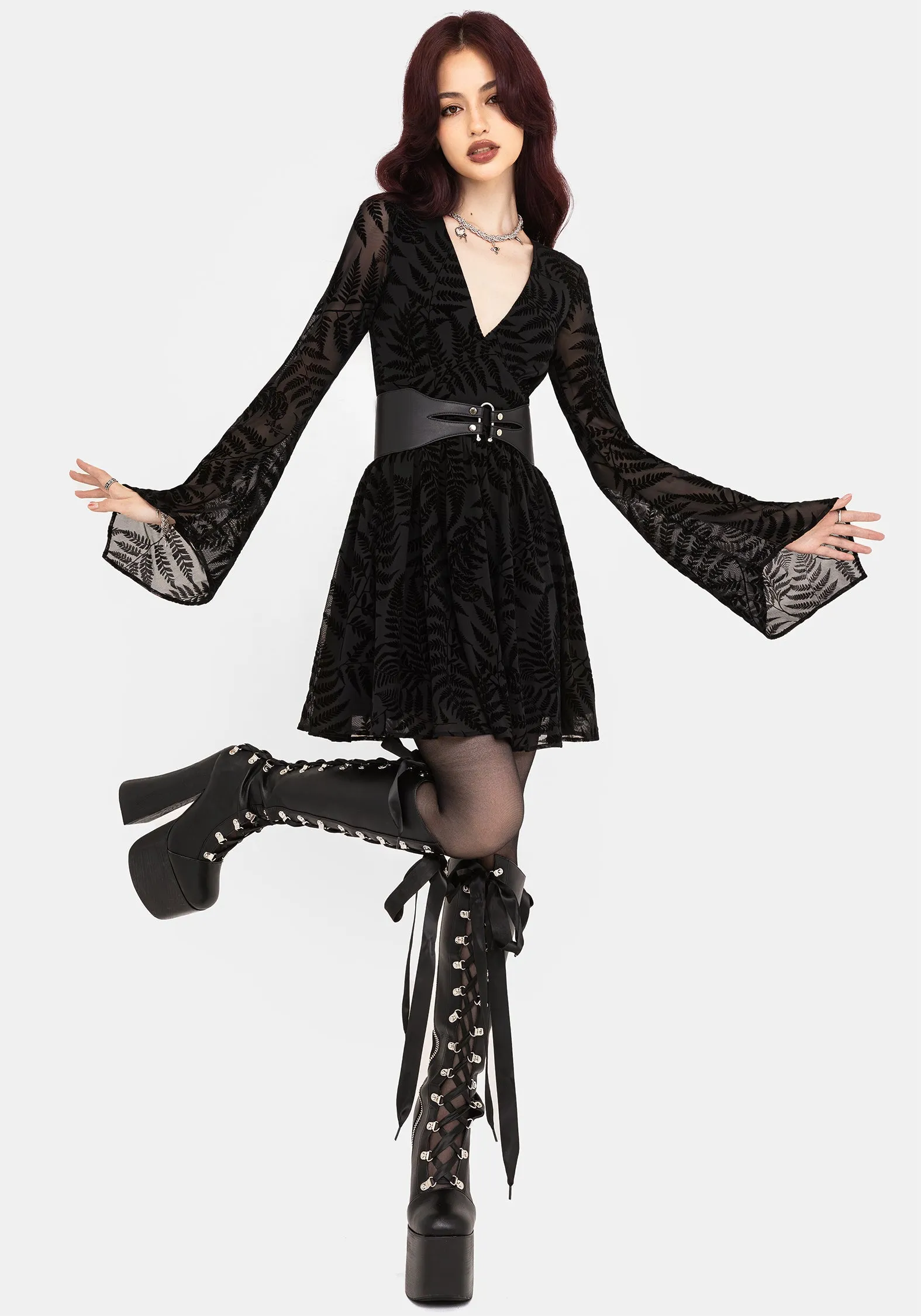 Love Glow Lunafern Fern Leaf Flocked Mesh Flute Sleeve Mini Dress