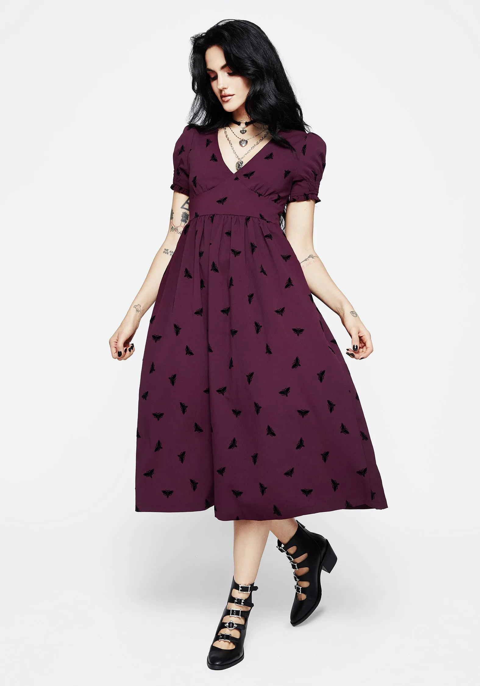 Styx Moth Flocked Velour Print Midi Dress Cool Season Perfectly Fitted