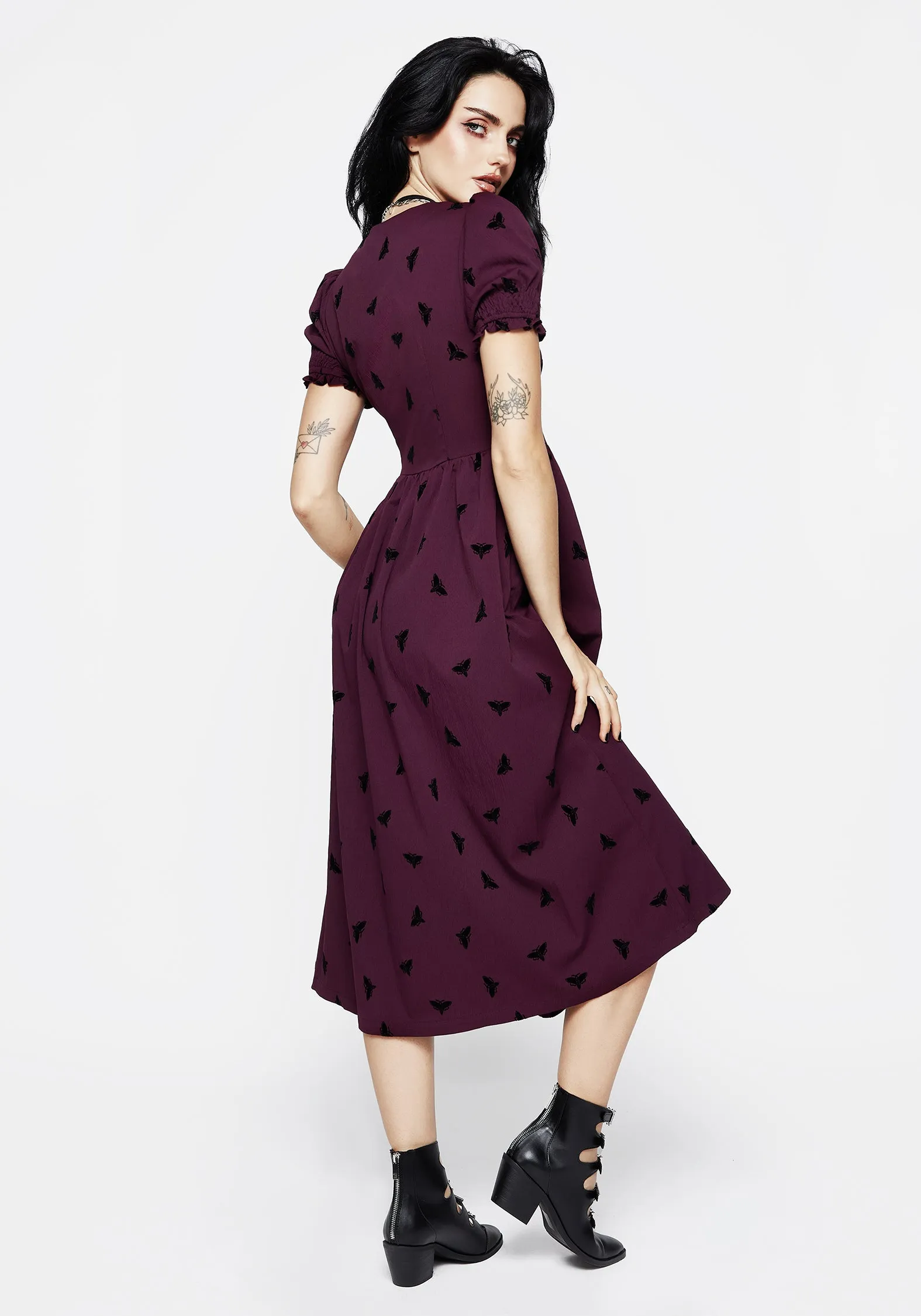Pure Motion Styx Moth Flocked Velour Print Midi Dress