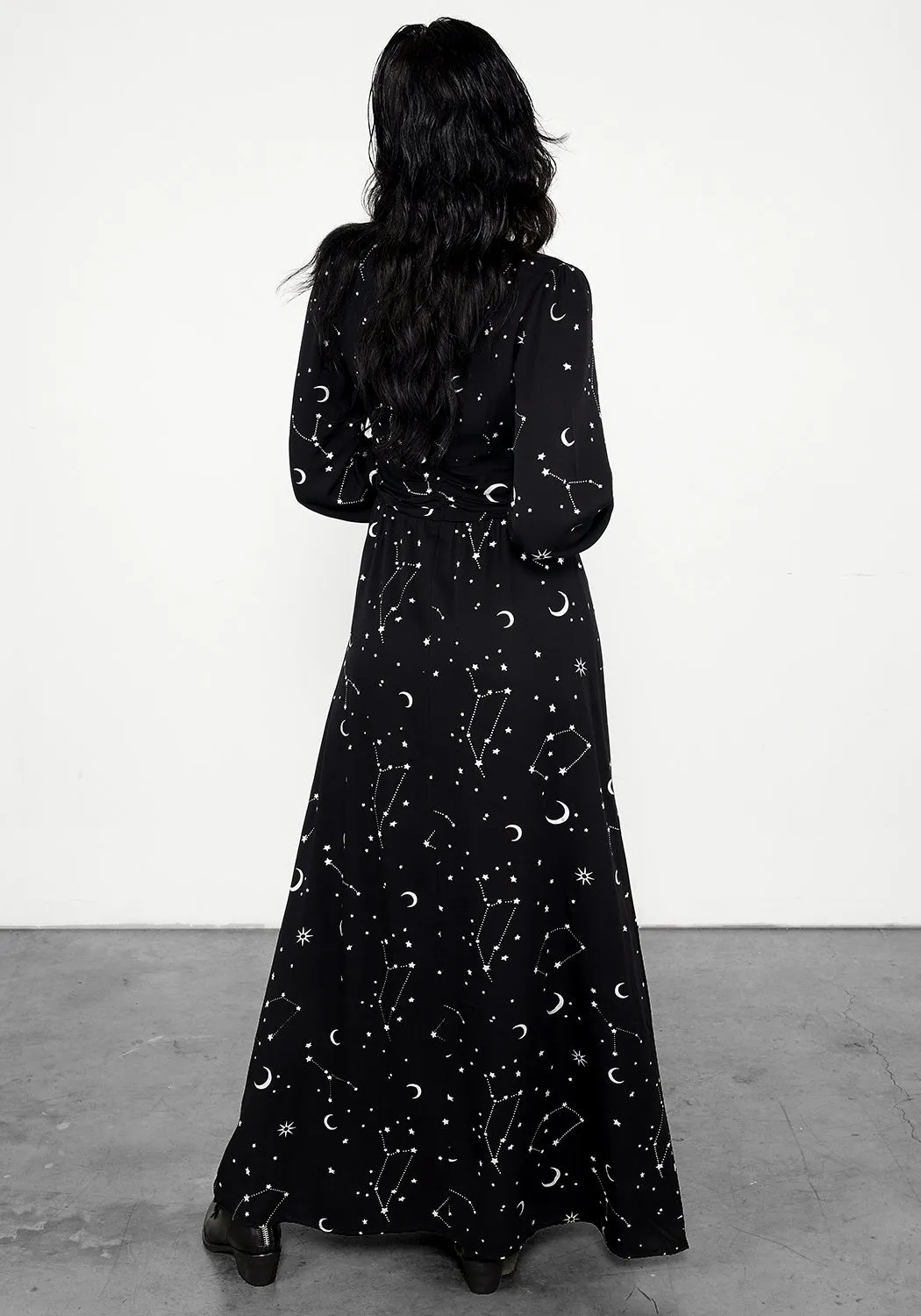 Contemporary Fit Silver Celestial Print Gathered Maxi Dress