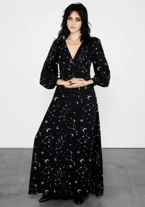 A Line Cut Elegant Appearance Silver Celestial Print Gathered Maxi Dress