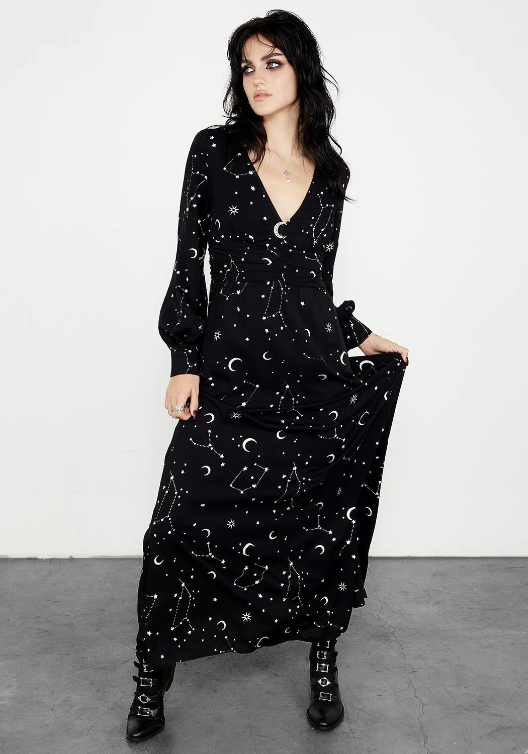 Draped-Style Unique Cut Silver Celestial Print Gathered Maxi Dress