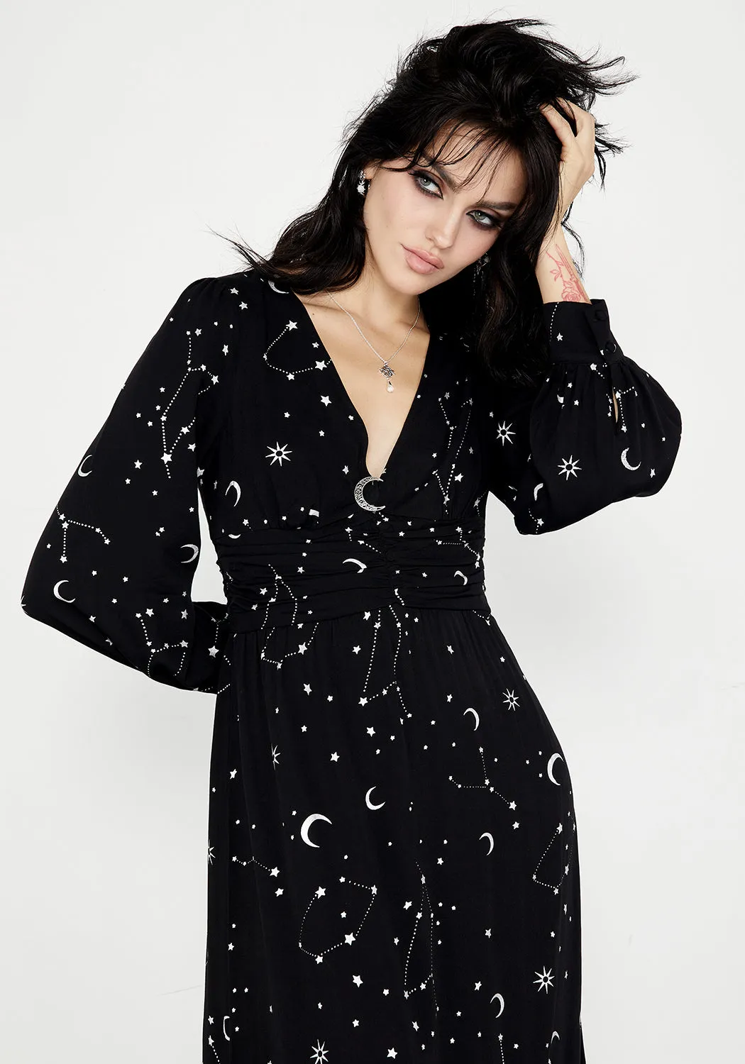 Soft Presence Light Shape Silver Celestial Print Gathered Maxi Dress