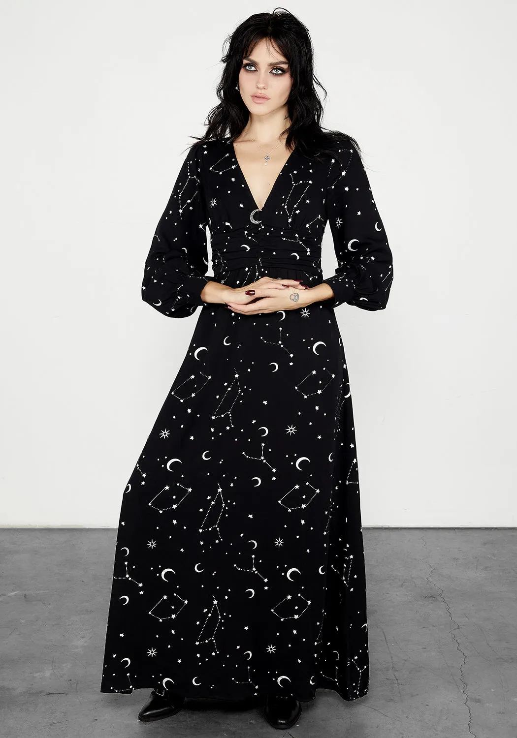 A Line Cut Elegant Appearance Silver Celestial Print Gathered Maxi Dress