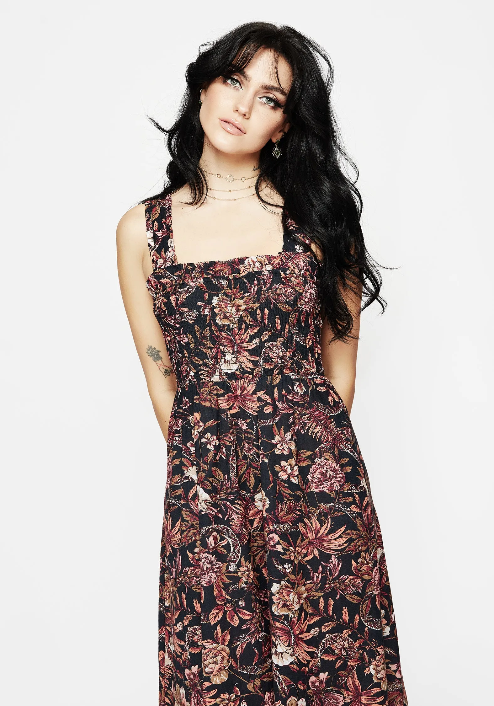 Soft color Urban Style Bashe Cotton Floral Snake Print Midaxi Dress