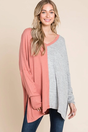 Two Tone Sweater In Aged Rose Combo Anti Snag Fabric Drop Shoulder Cut
