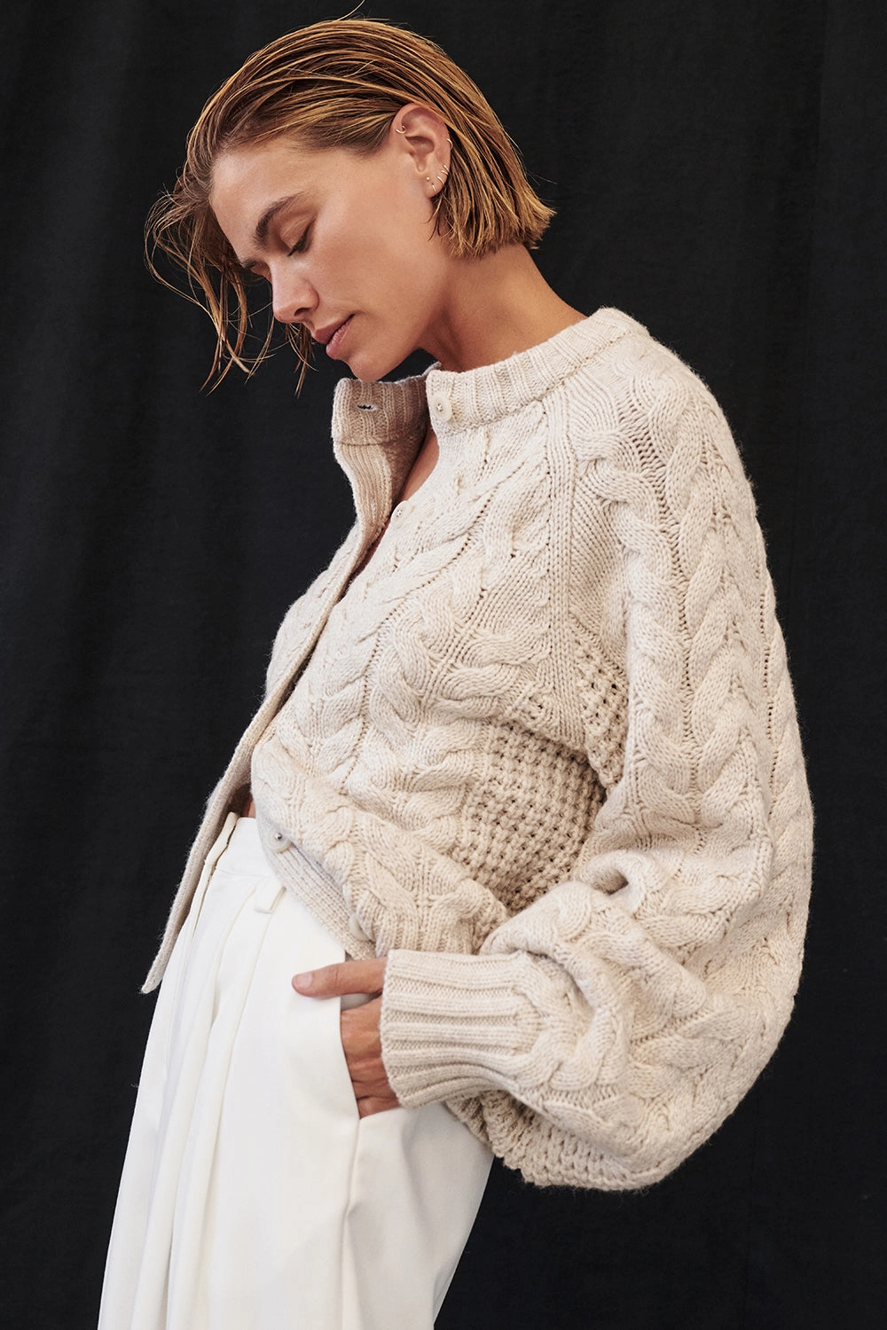 Seasonal Fashion Effortless Layer TOM CHALK CABLE KNIT CARDIGAN