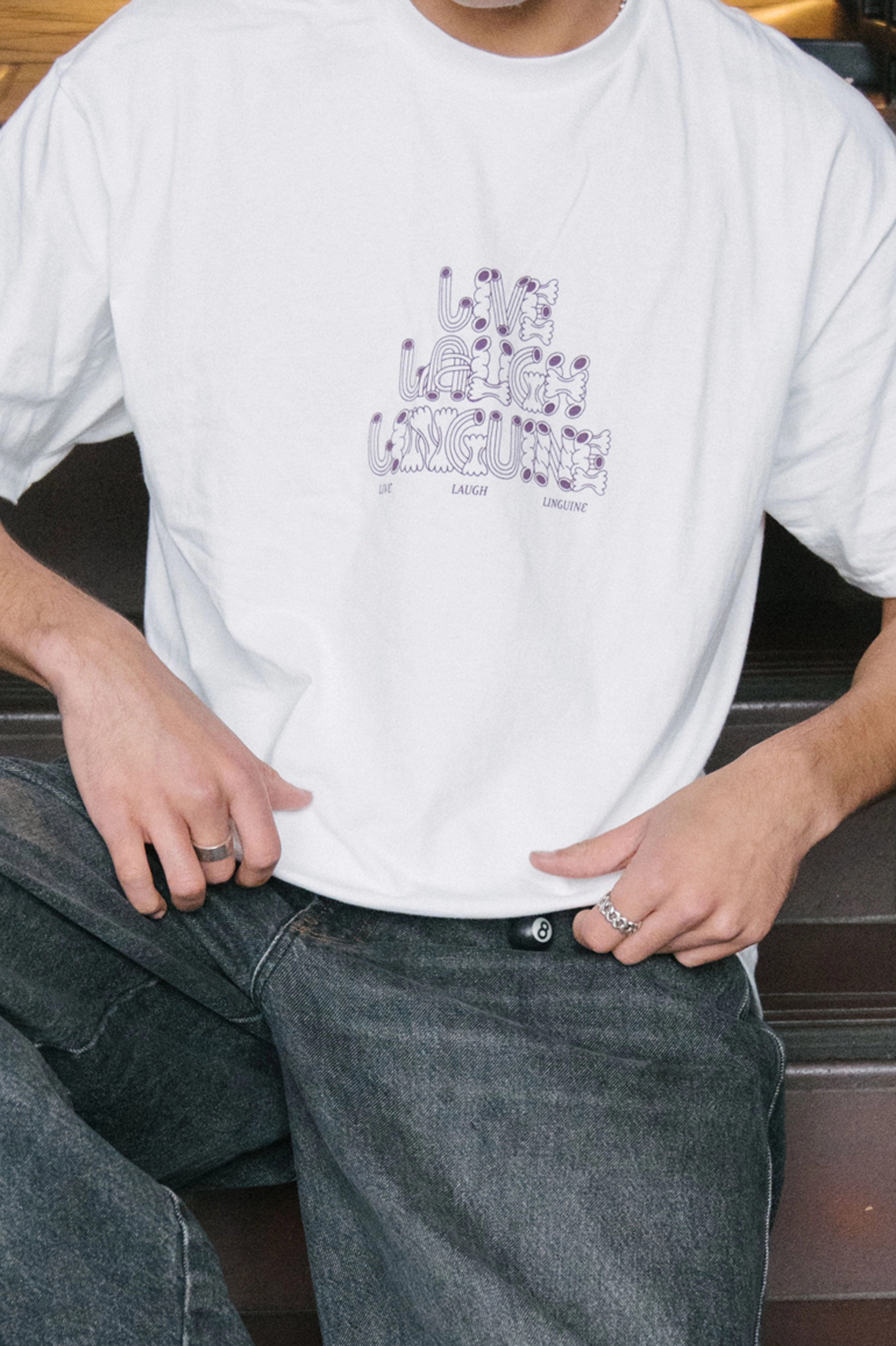 Taped Neckline Other Side Store 'Live Laugh Linguine' Tee - White