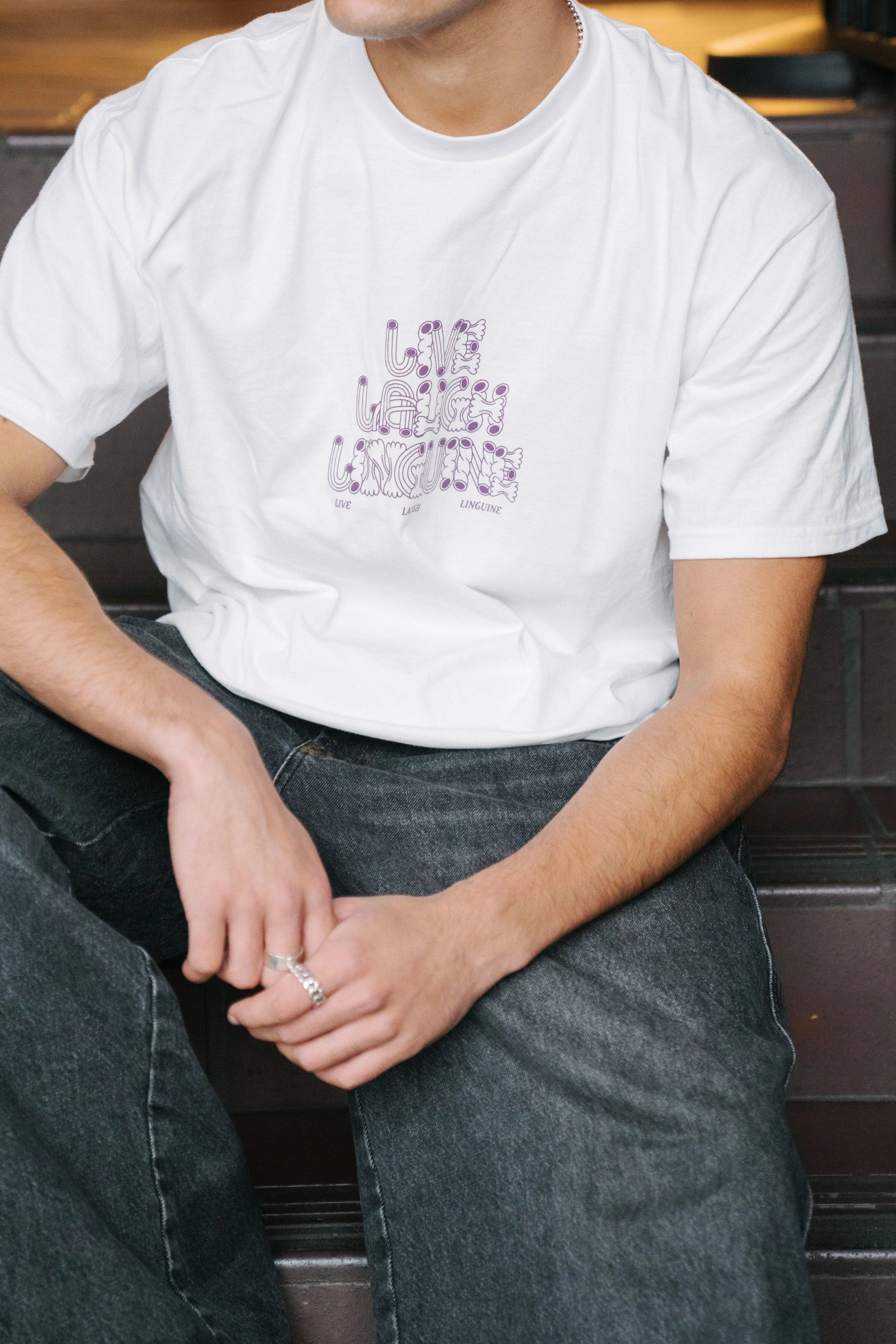 Urban Casual Look Other Side Store 'Live Laugh Linguine' Tee - White