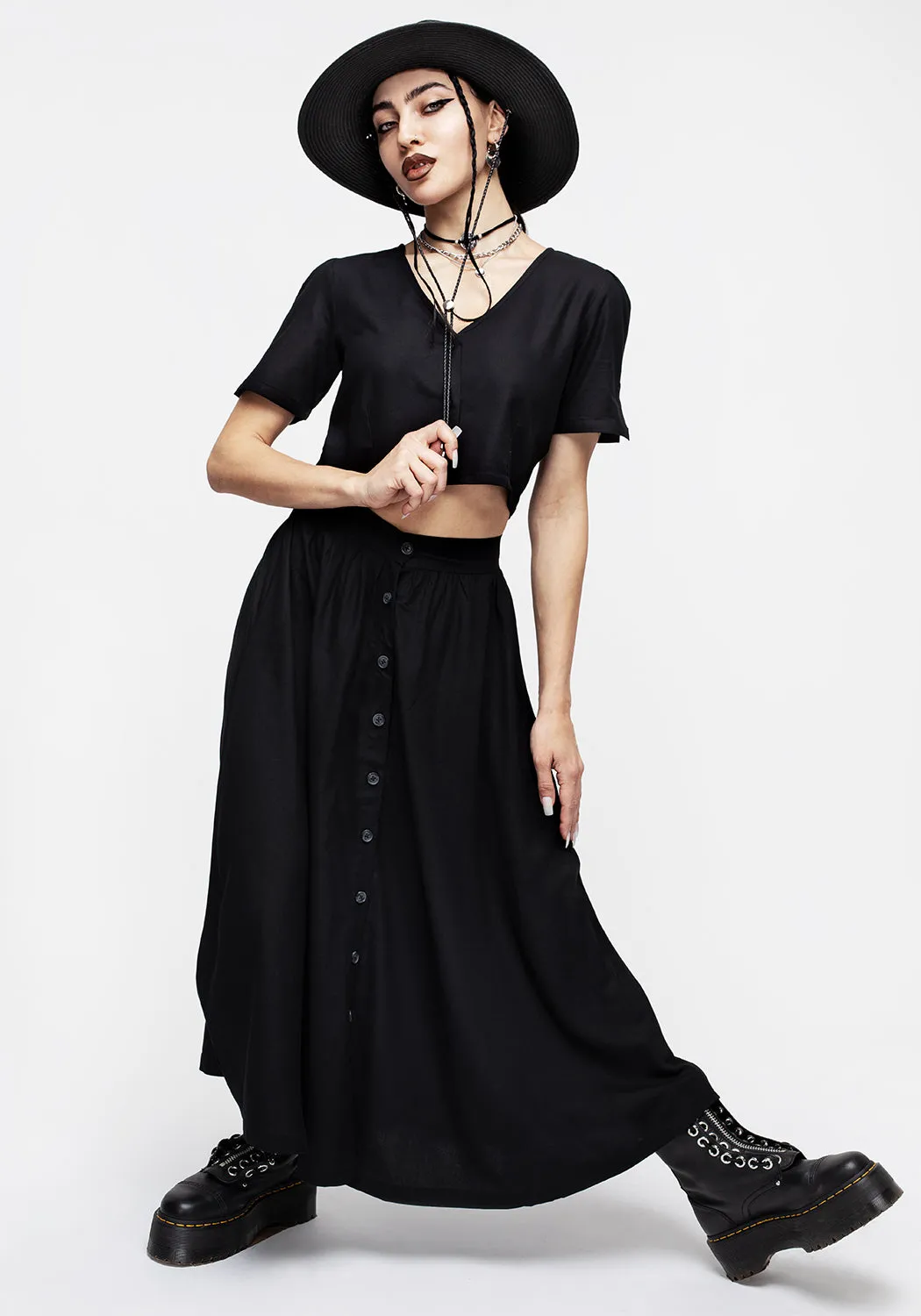 Maidenhair Button Down Midi Skirt - Midnight Black Laser cut