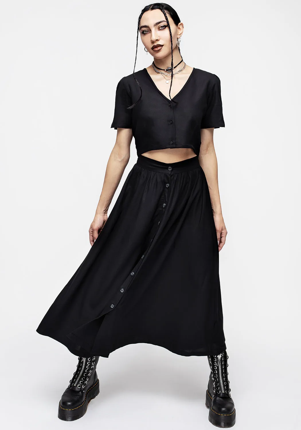 Statement Piece Maidenhair Button Down Midi Skirt - Midnight Black