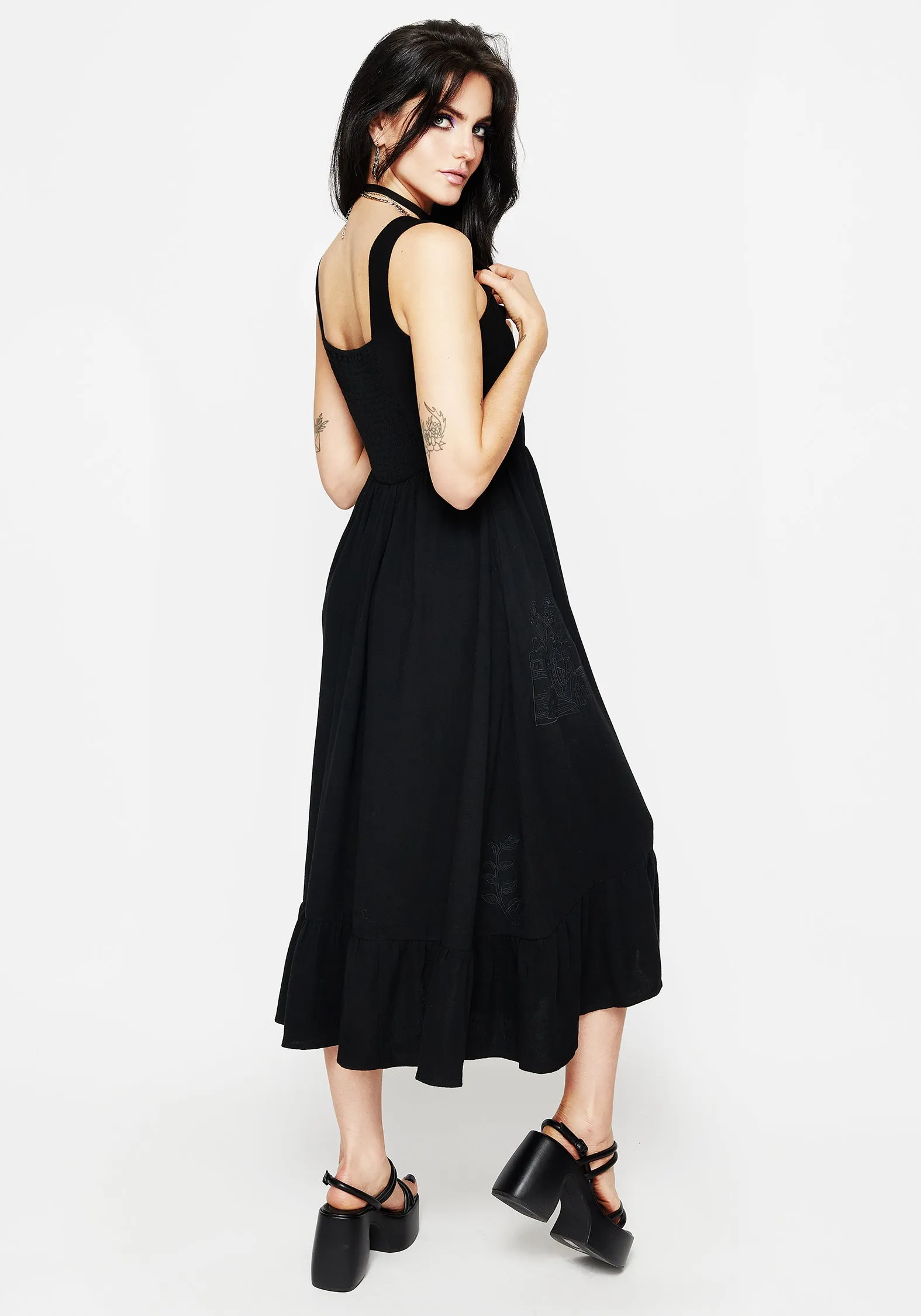 Polished Mood Mandrake Linen-Blend Embroidered Midi Dress