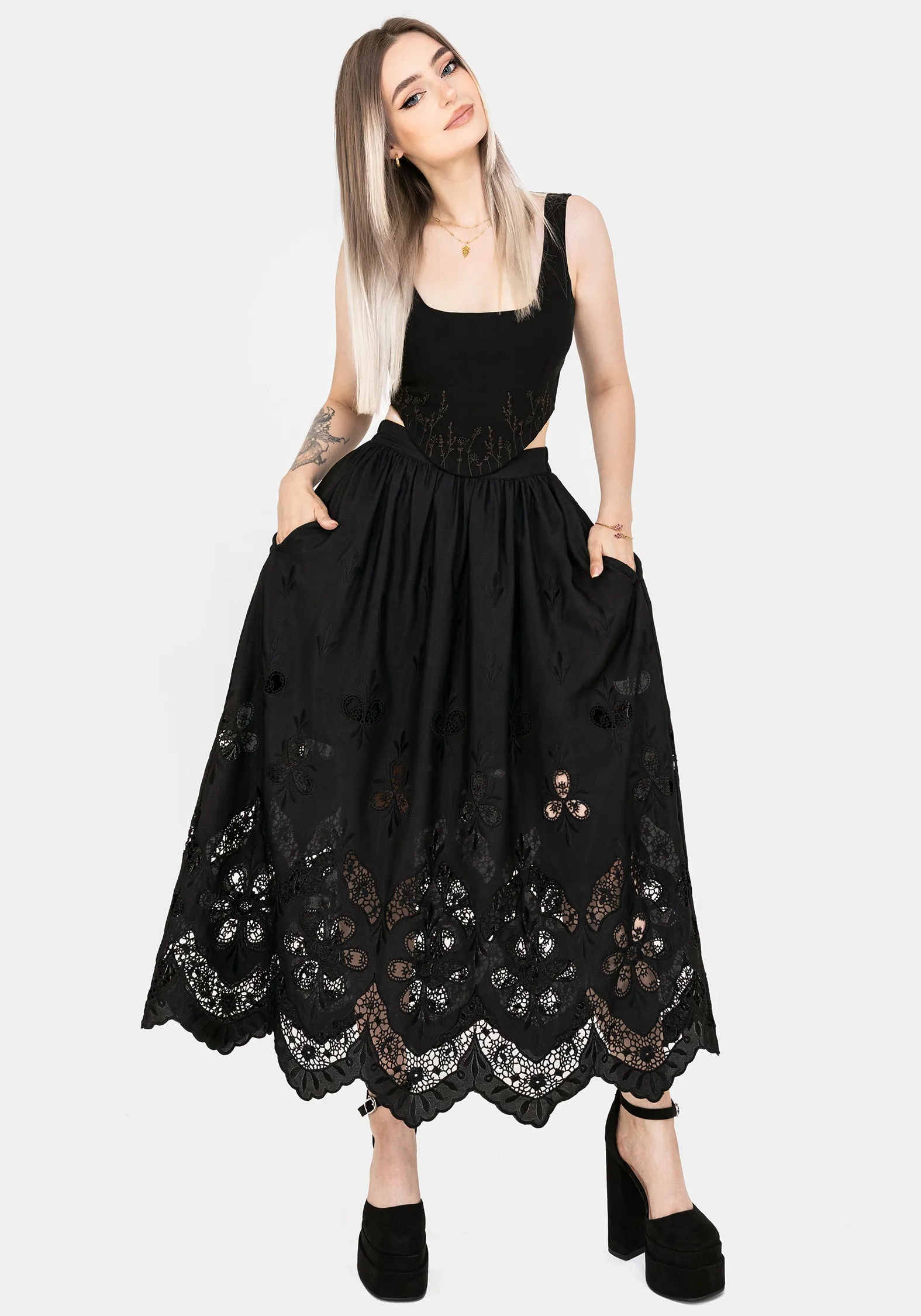 Maple Broderie Hem Maxi Skirt Adjustable Closure Warm Insulation