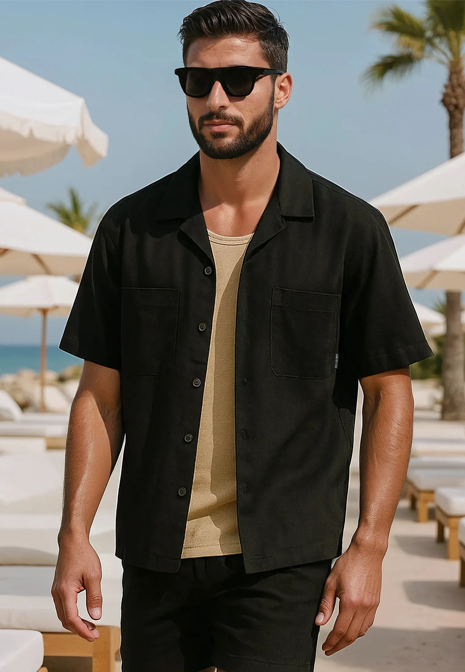Picnic Outfit Unisex style MARBELLA LIGHTWEIGHT HOLIDAY SHIRT JET BLACK