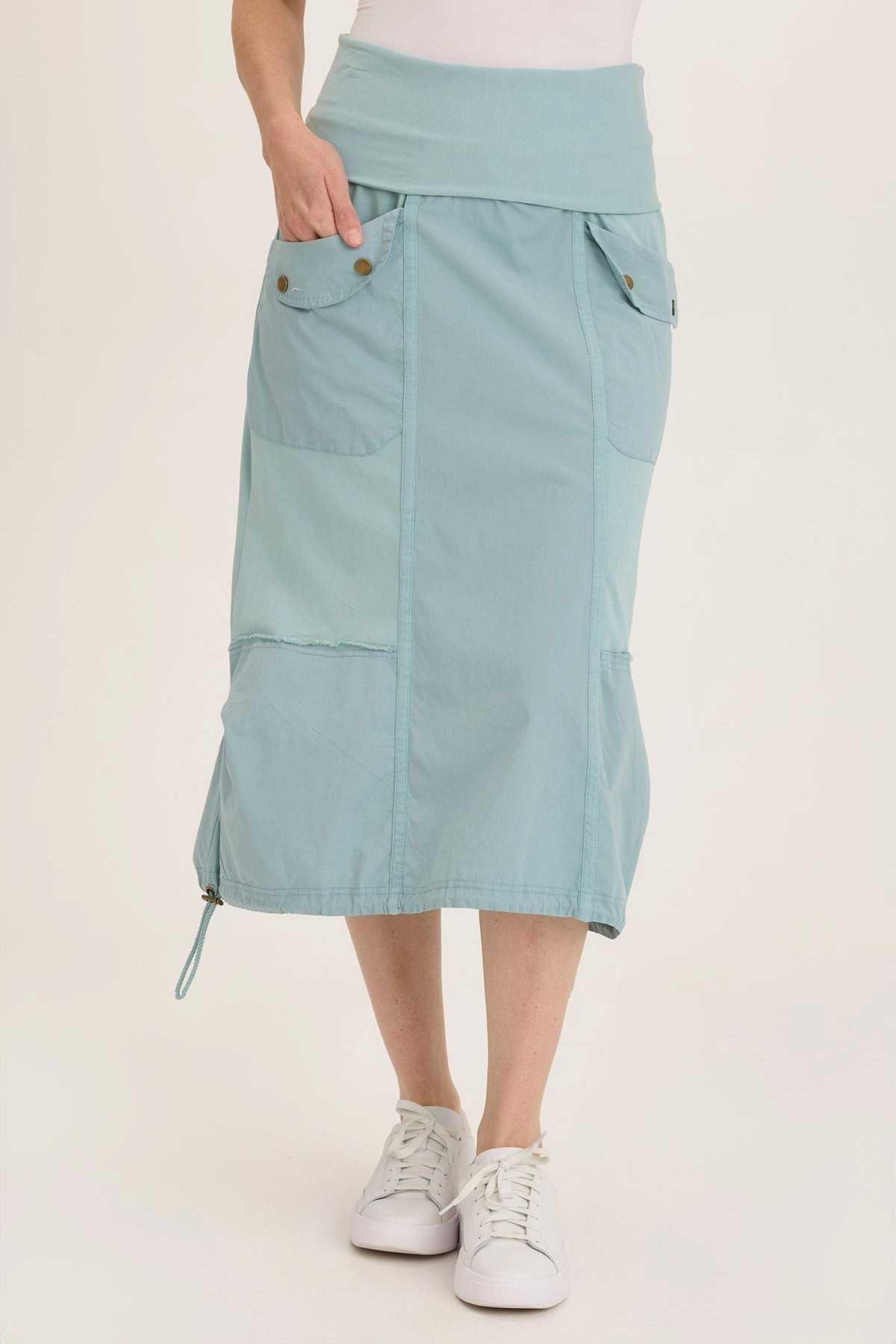 Breezy Flow Minimalist Trim Marconi Cargo Cinch Bubble Hem Midi Skirt